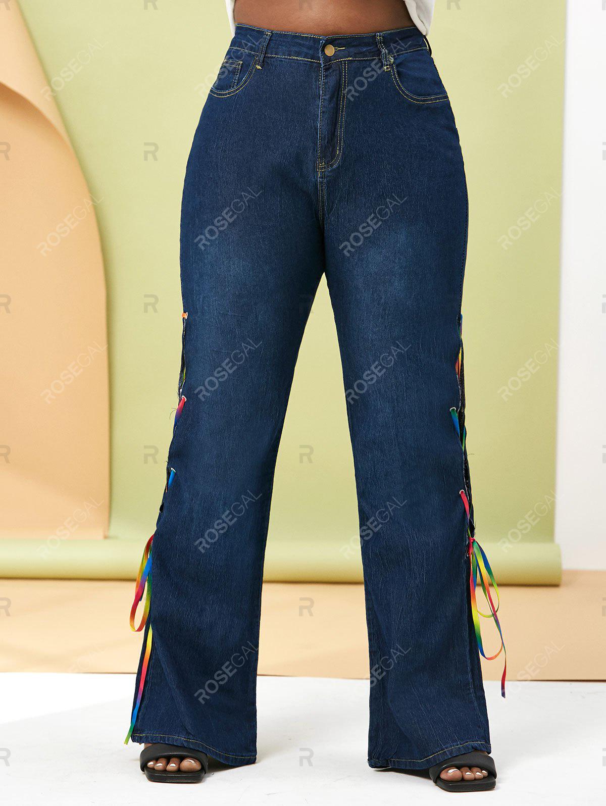 Plus Size Colorful Lace Up Side Flare Jeans