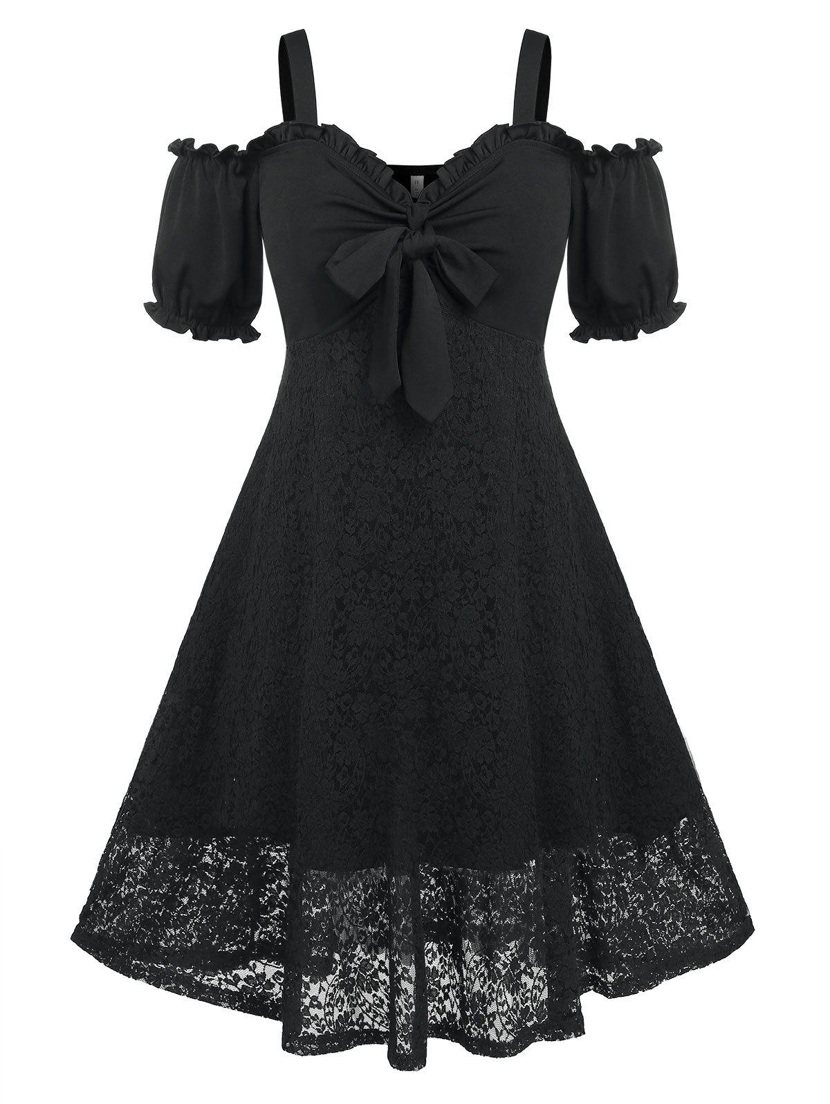 Plus Size Cold Shoulder Bowknot Vintage Dress