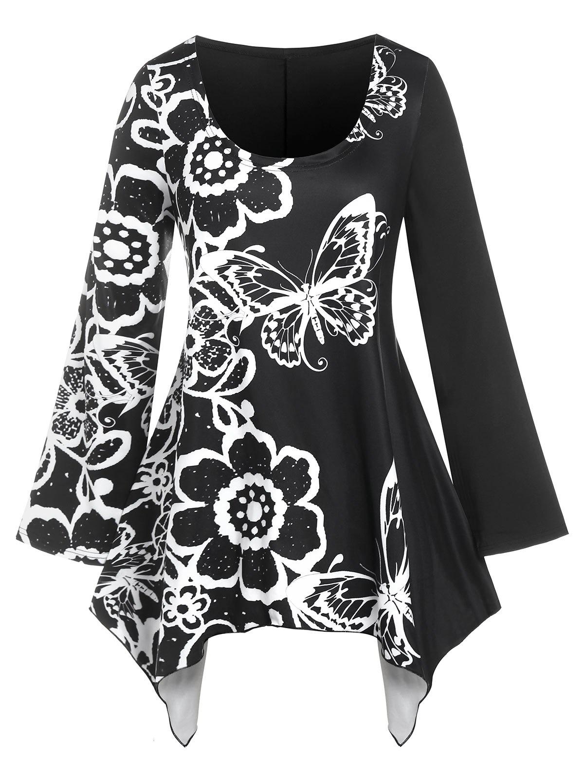 Plus Size Flower Butterfly Print Monochrome Handkerchief Tee