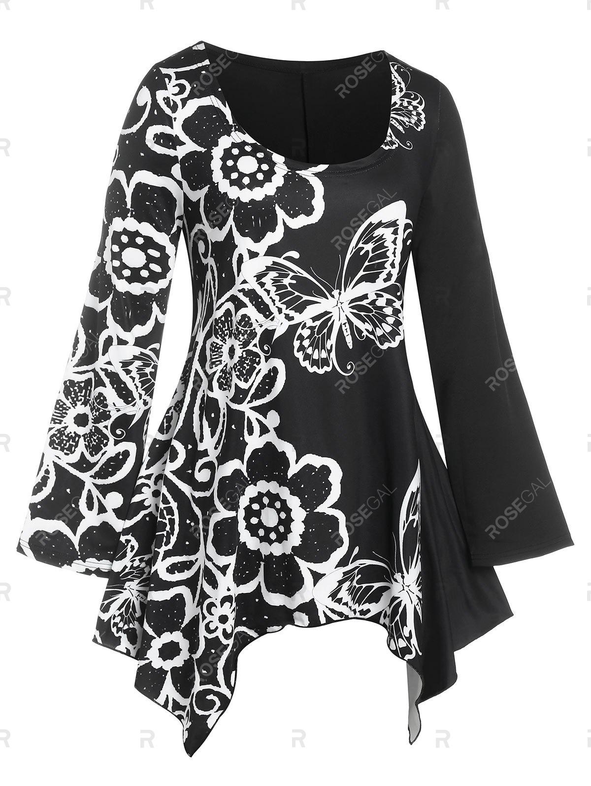 Plus Size Flower Butterfly Print Monochrome Handkerchief Tee