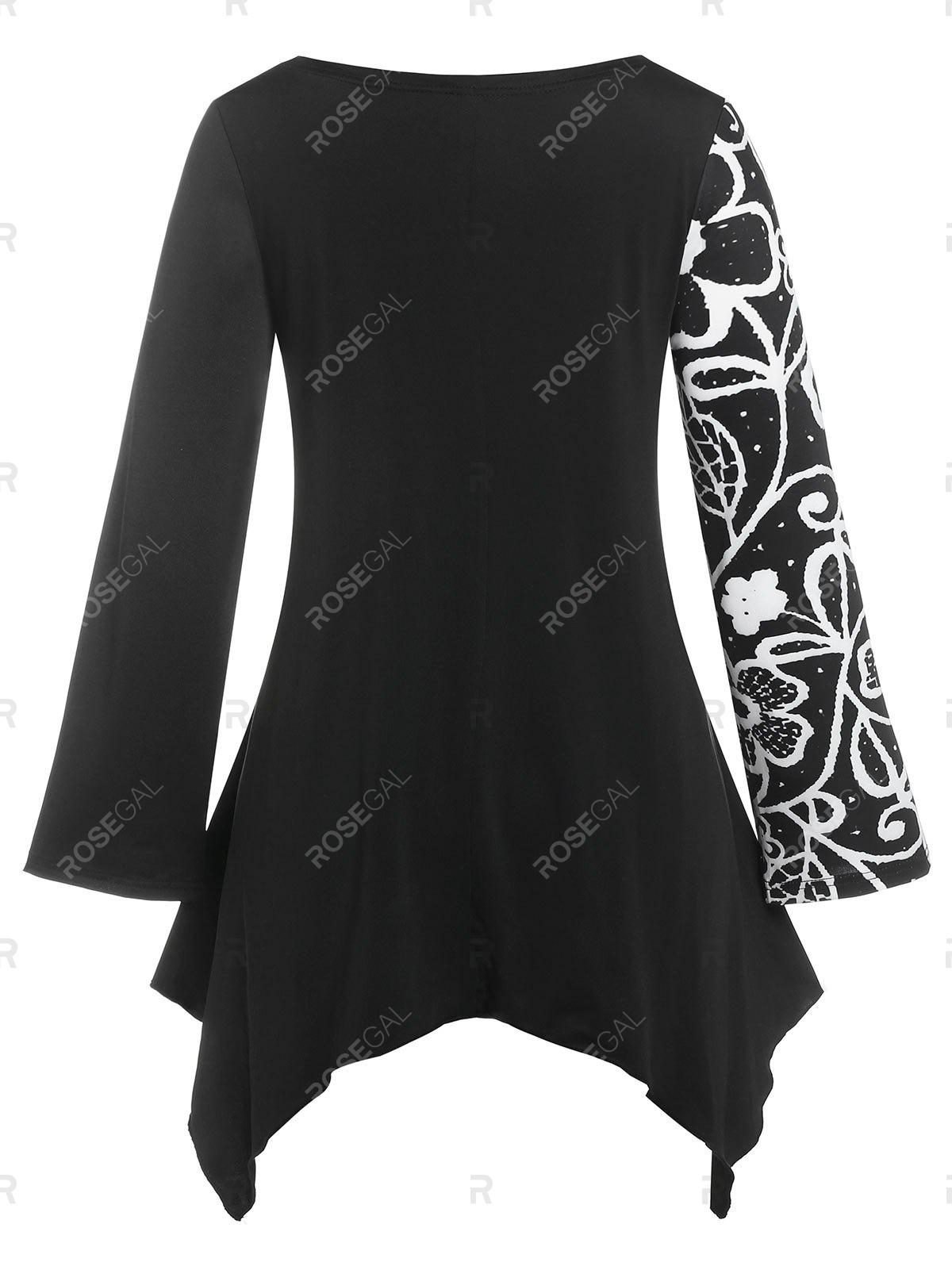 Plus Size Flower Butterfly Print Monochrome Handkerchief Tee