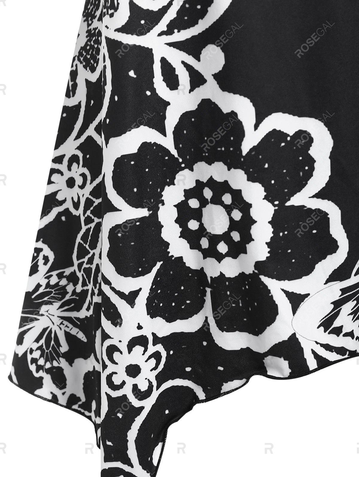 Plus Size Flower Butterfly Print Monochrome Handkerchief Tee