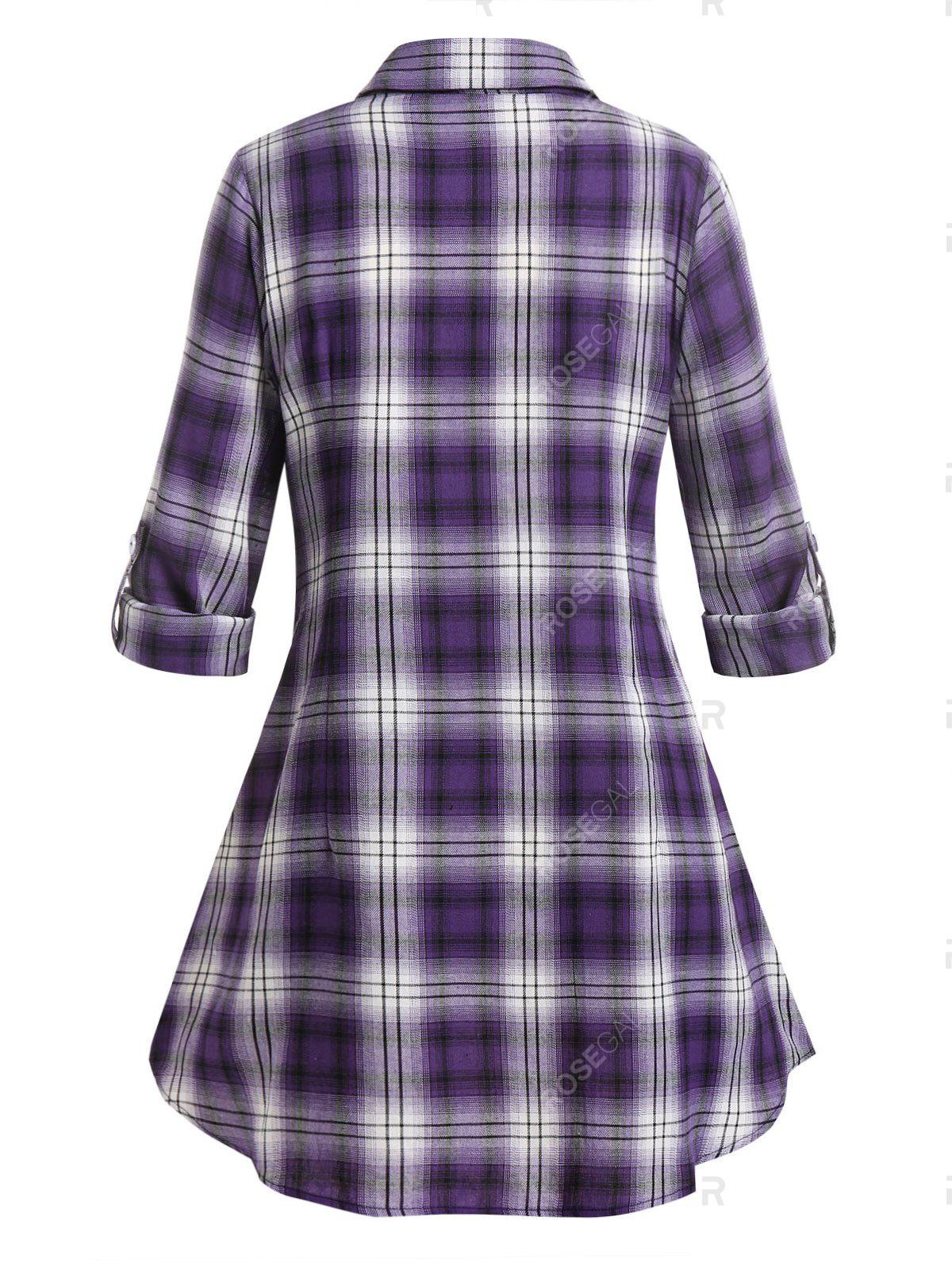 Plus Size Plaid Roll Tab Sleeve Lace-up Skirted Blouse