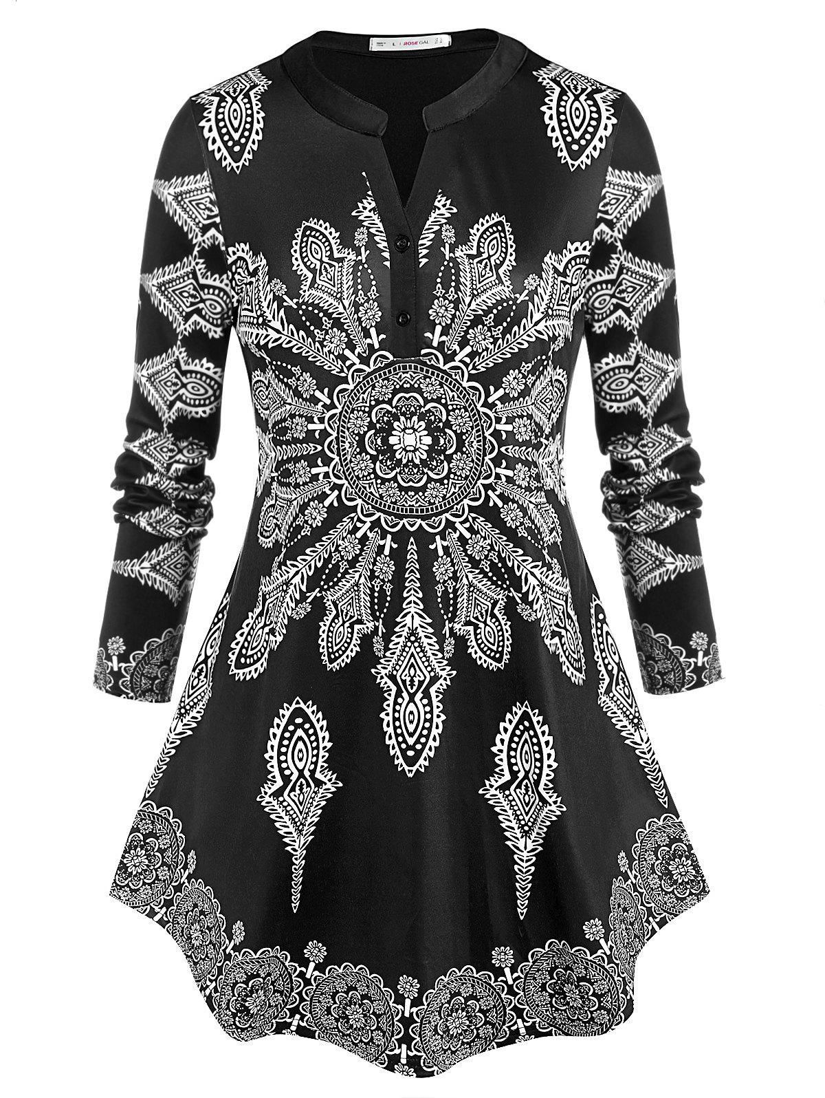 Plus Size Tribal Print Tunic Curved Blouse