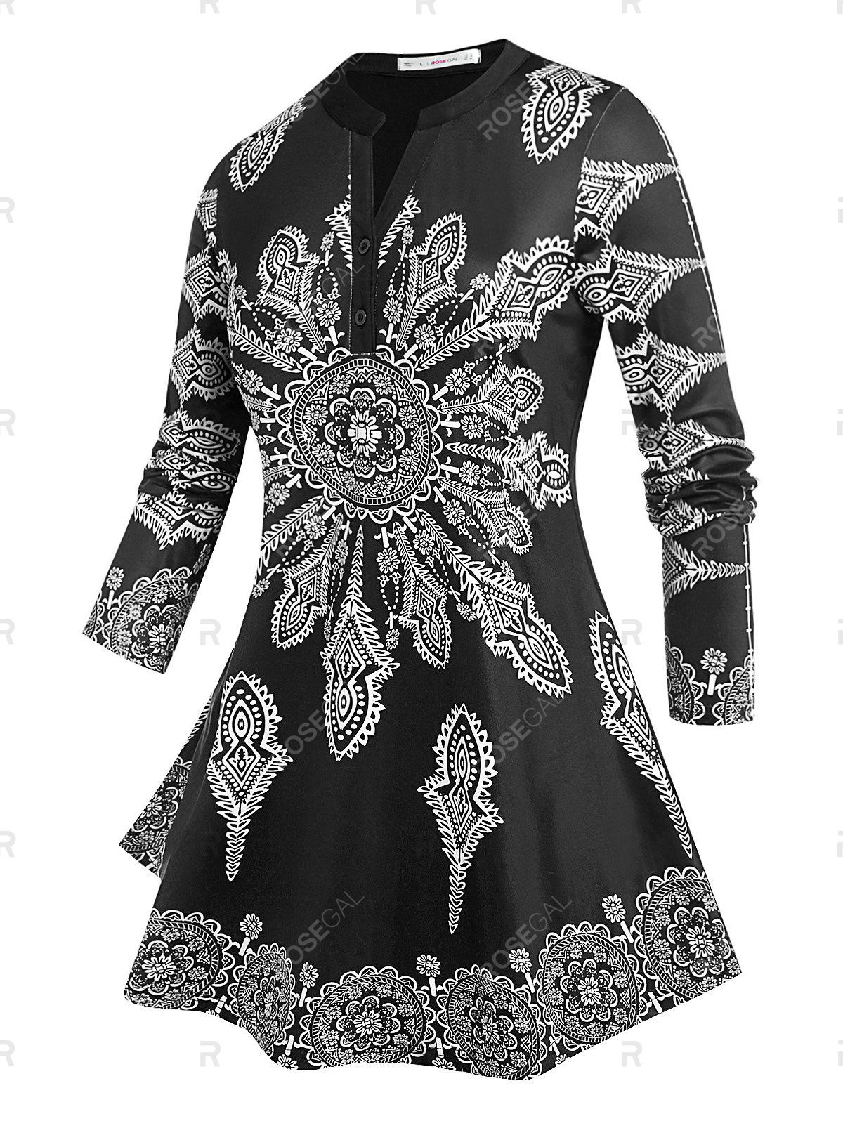 Plus Size Tribal Print Tunic Curved Blouse