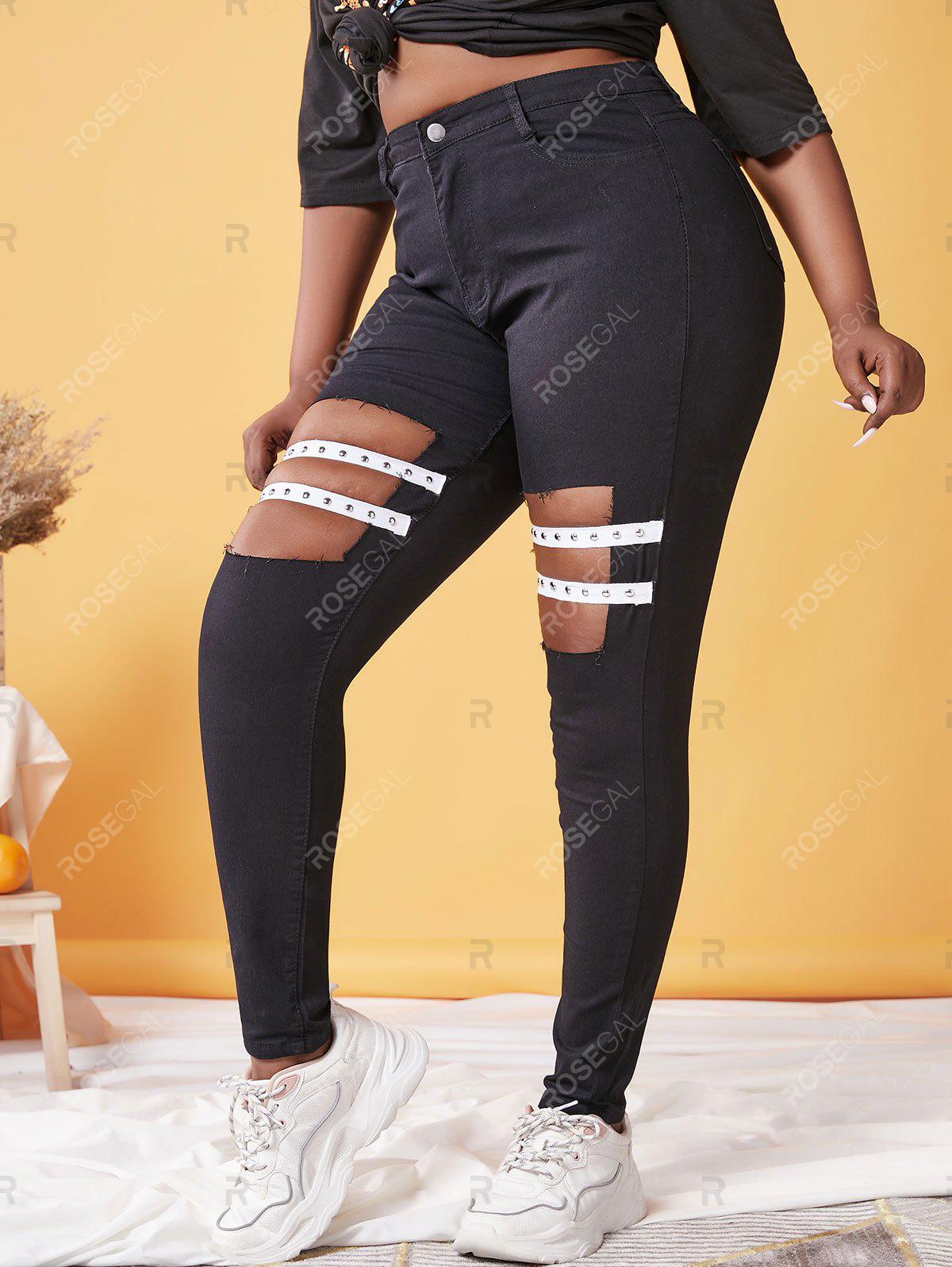 Plus Size Cutout Studded Straps Skinny Jeans