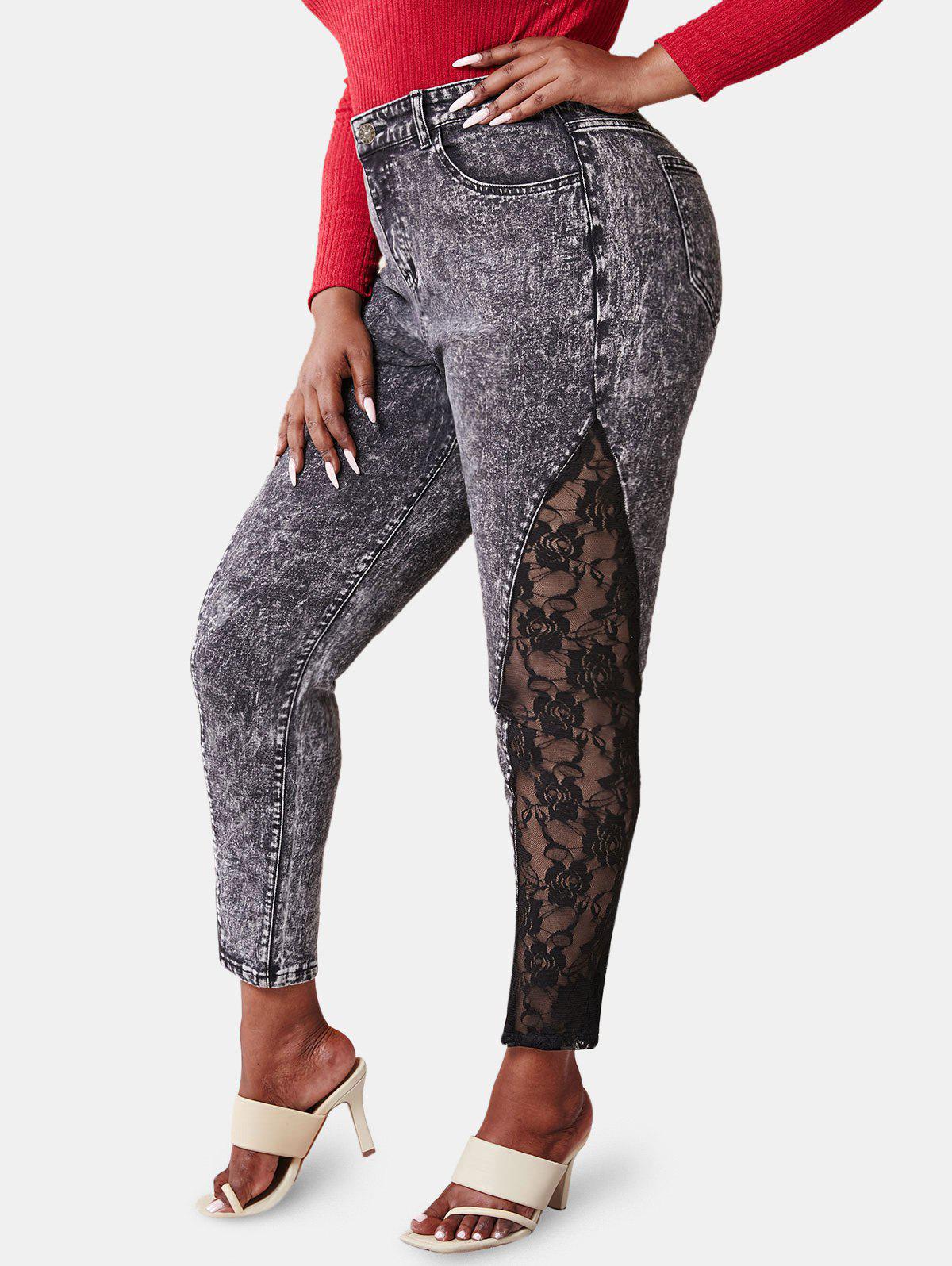 Plus Size Acid Wash Lace Panel Jeans