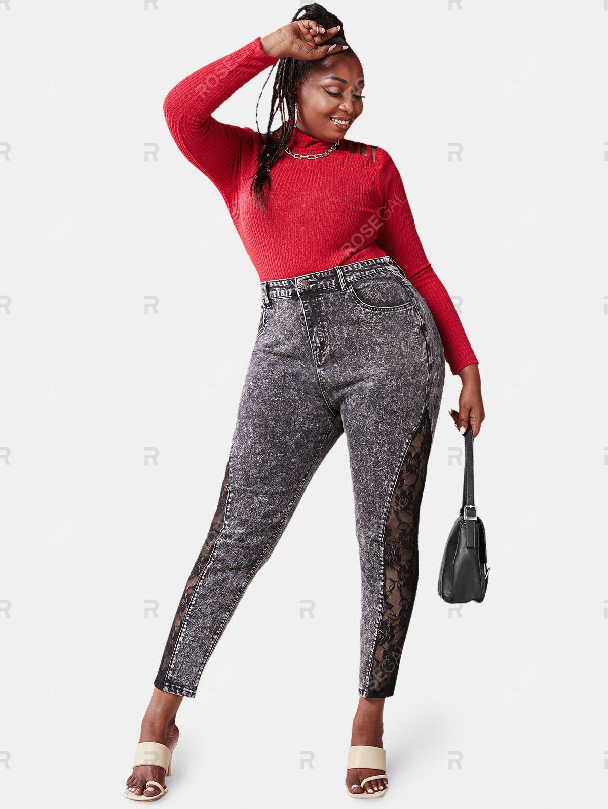 Plus Size Acid Wash Lace Panel Jeans