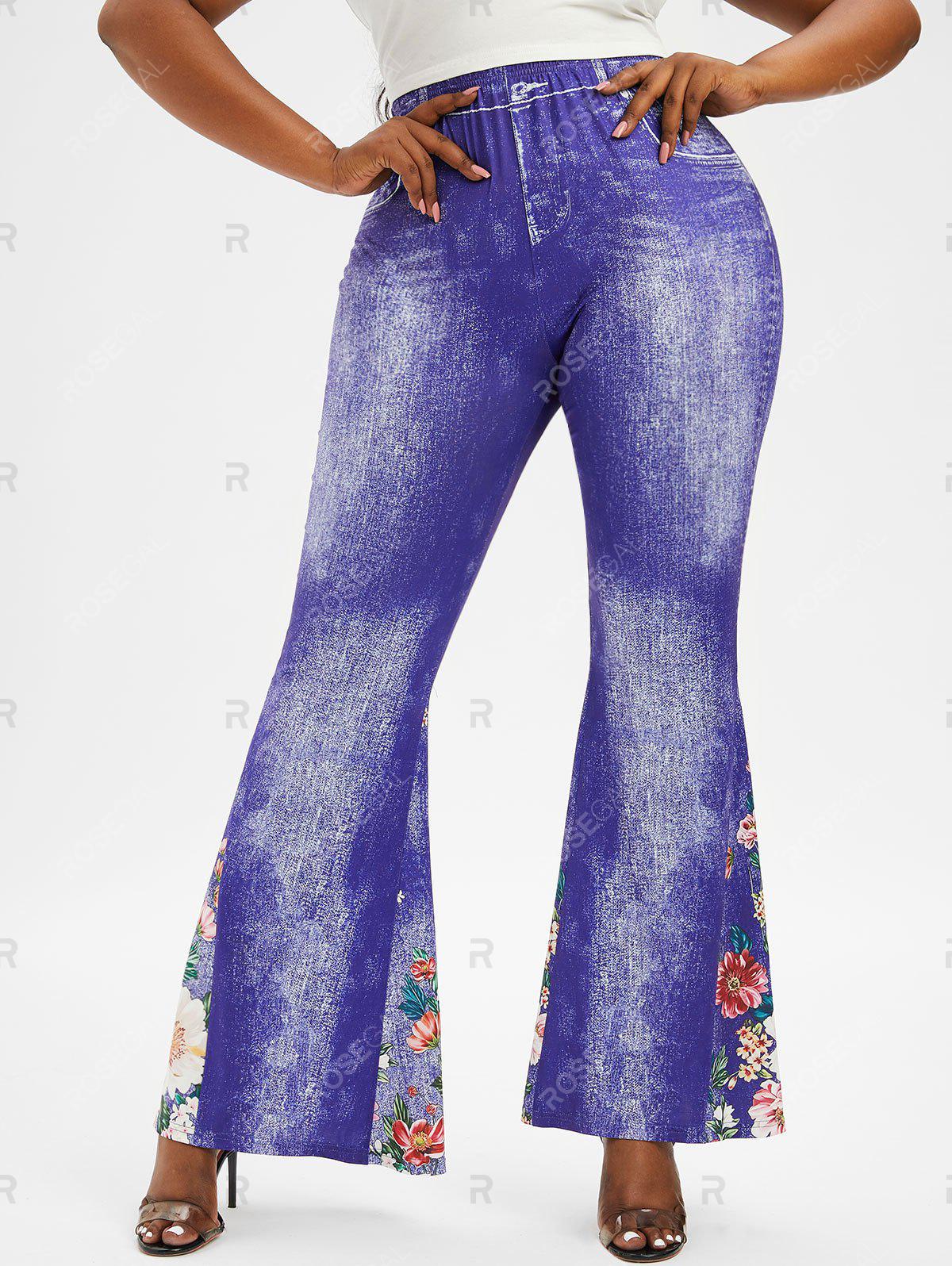 Plus Size Flowers 3D Jean Print Flare Pants