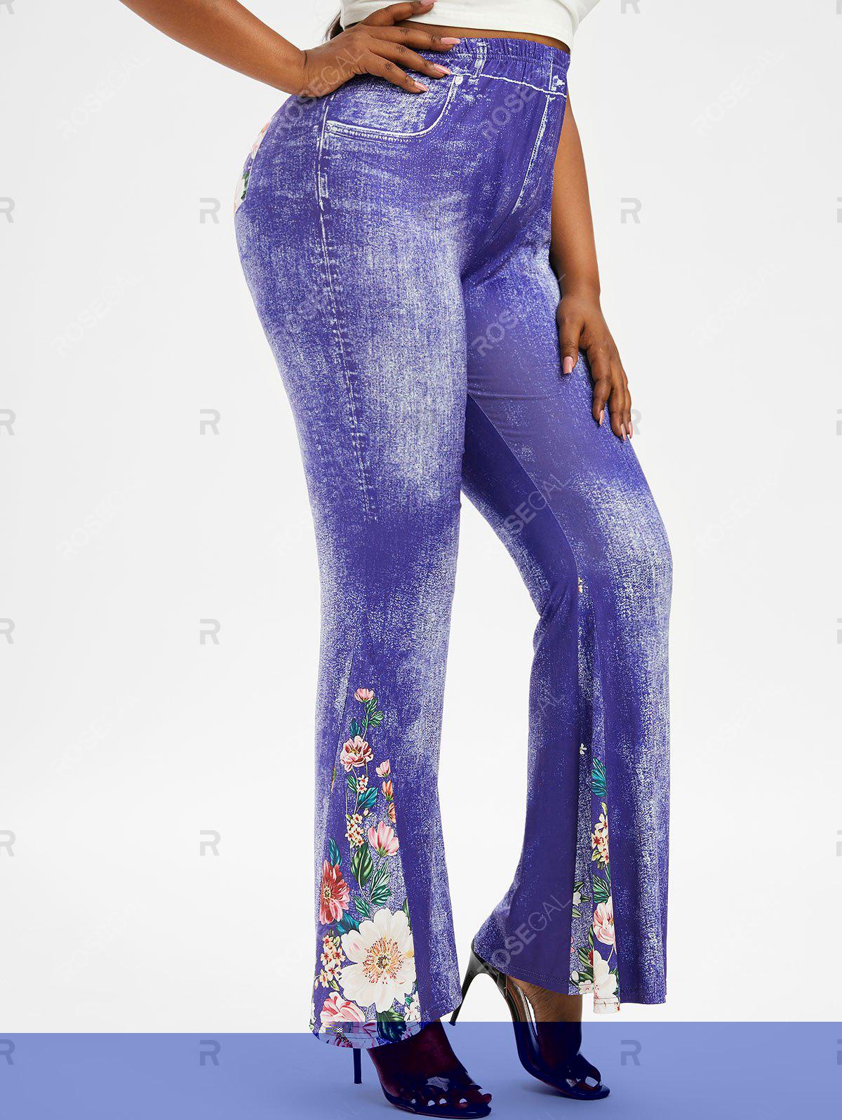 Plus Size Flowers 3D Jean Print Flare Pants