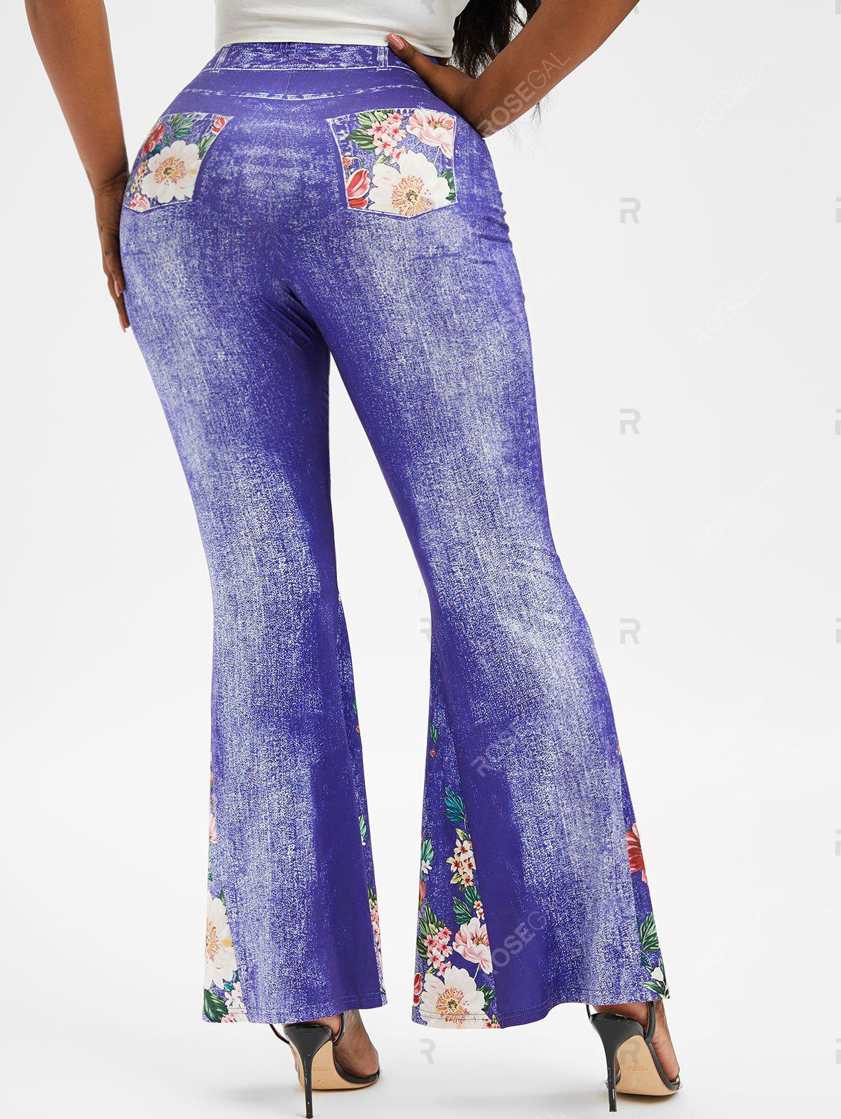 Plus Size Flowers 3D Jean Print Flare Pants