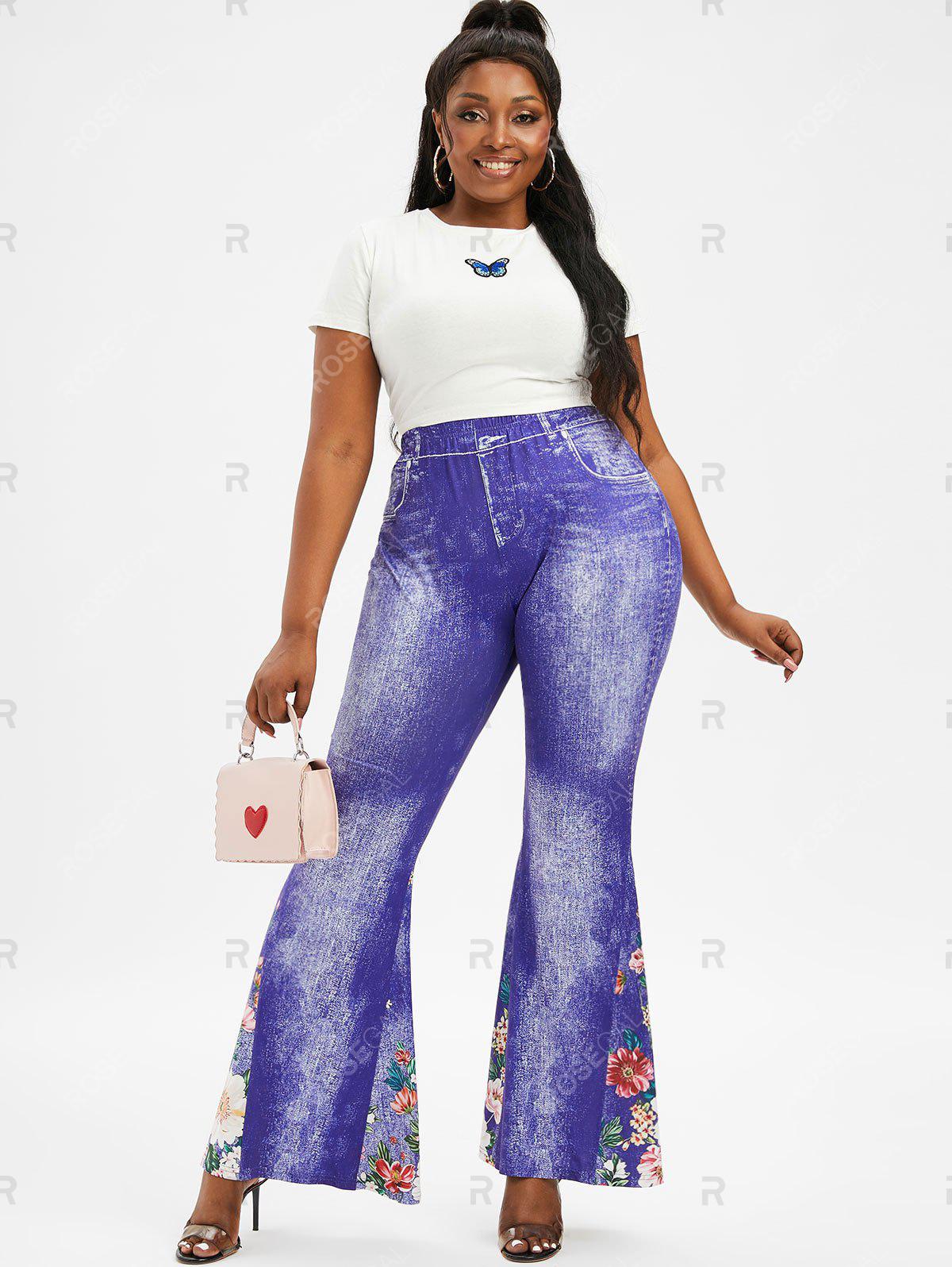 Plus Size Flowers 3D Jean Print Flare Pants