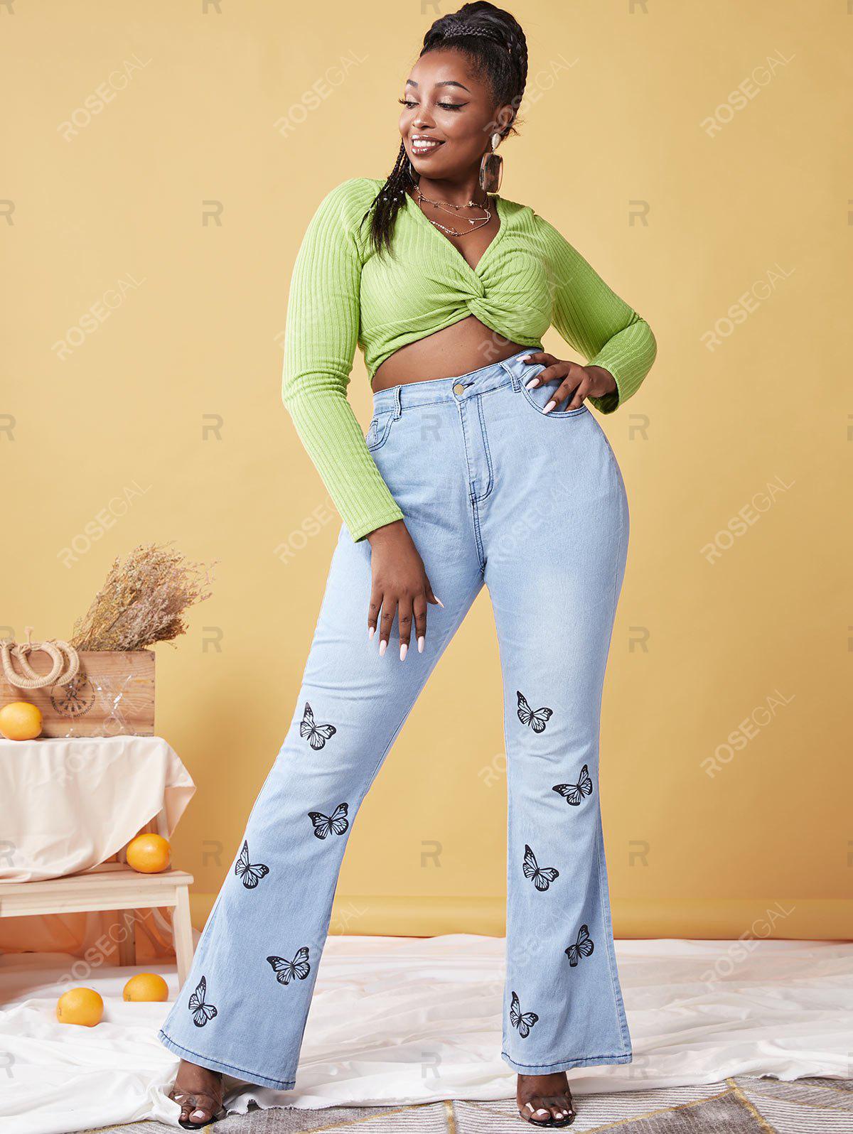 Plus Size Butterfly Print Flare Jeans