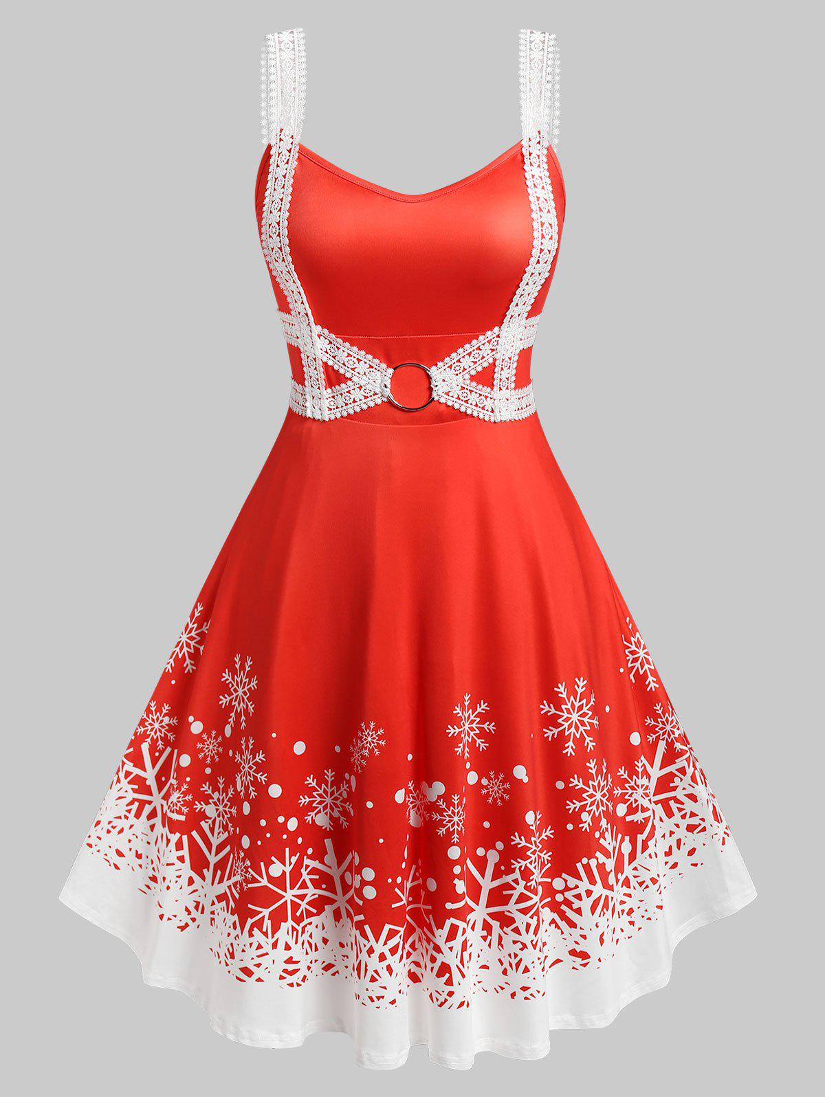 Plus Size Snowflake Print Lace Panel Christmas Dress