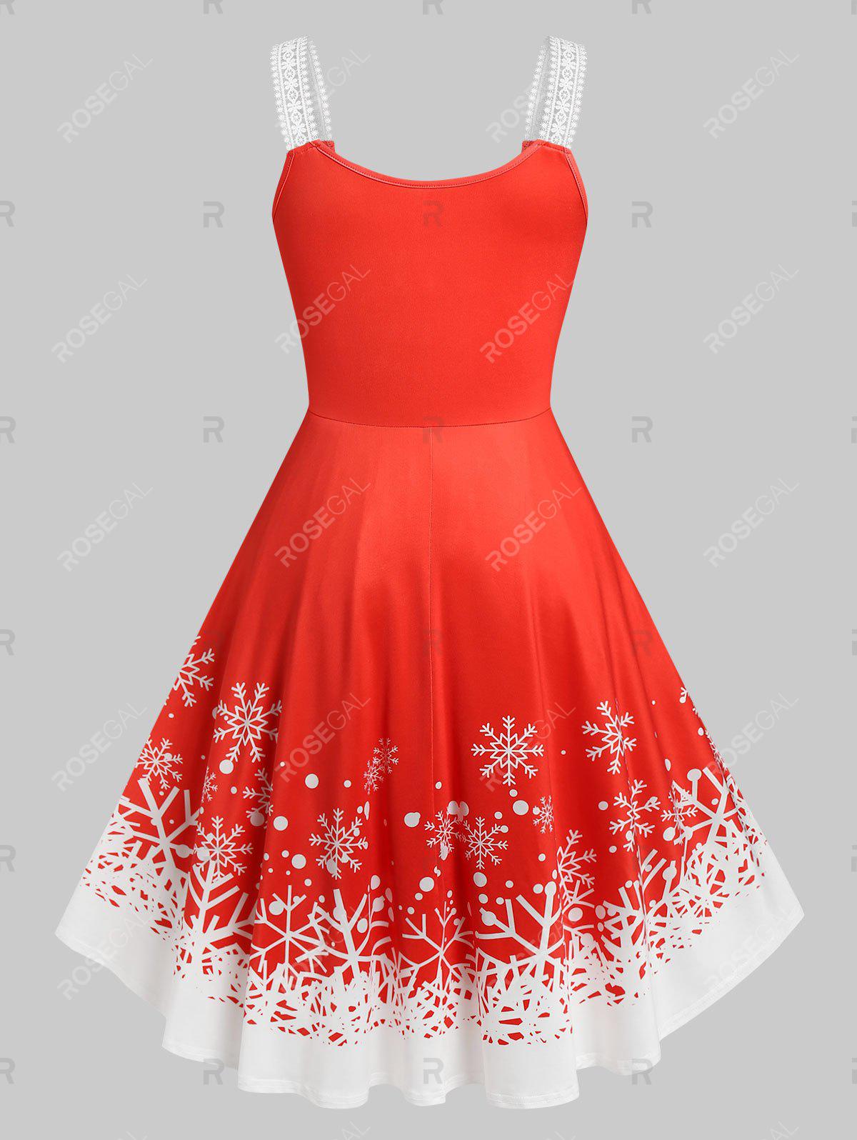 Plus Size Snowflake Print Lace Panel Christmas Dress