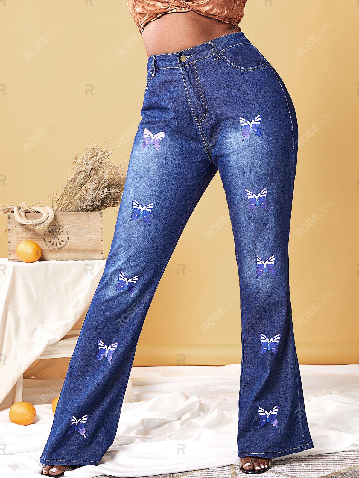 Plus Size Butterfly Print High Waisted Flare Jeans