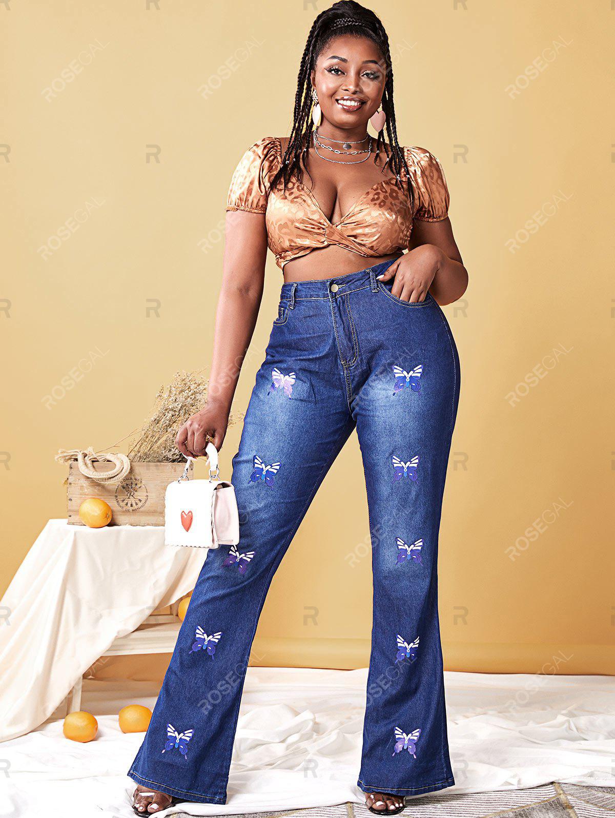 Plus Size Butterfly Print High Waisted Flare Jeans