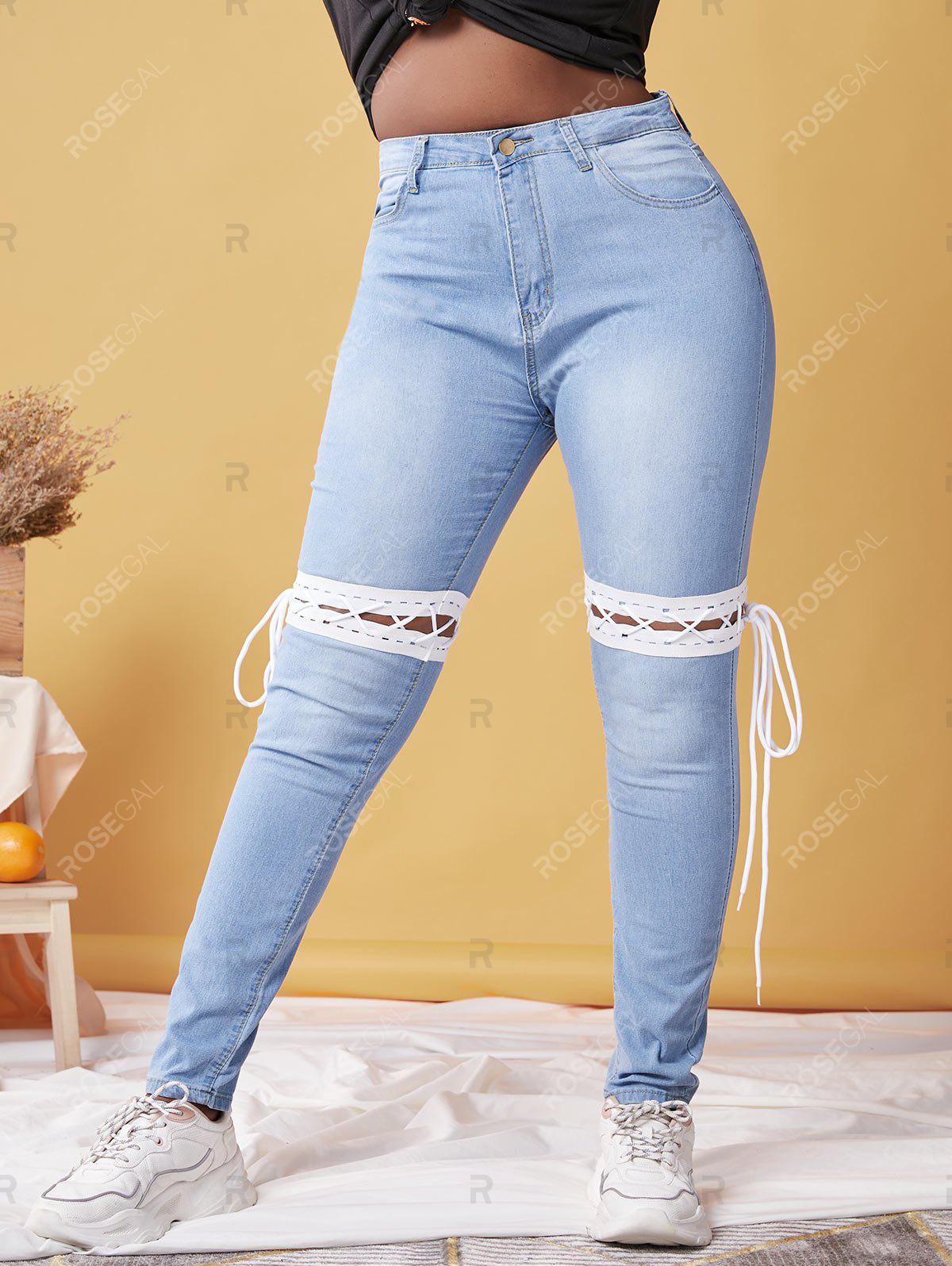 Plus Size Lace-up Detachable Skinny Jeans