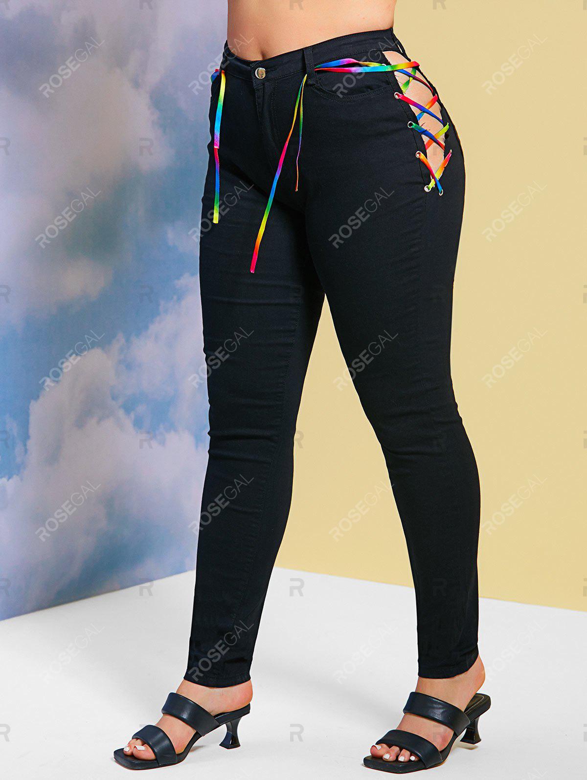 Skinny Colorful Lace Up Side Plus Size Jeans