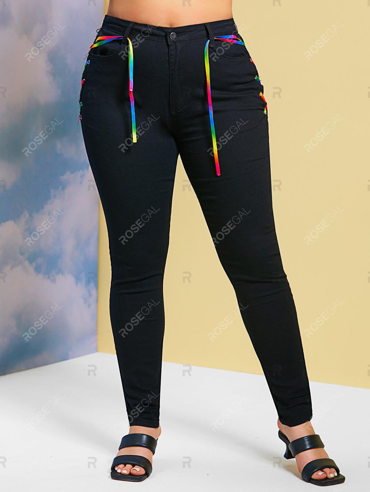 Skinny Colorful Lace Up Side Plus Size Jeans