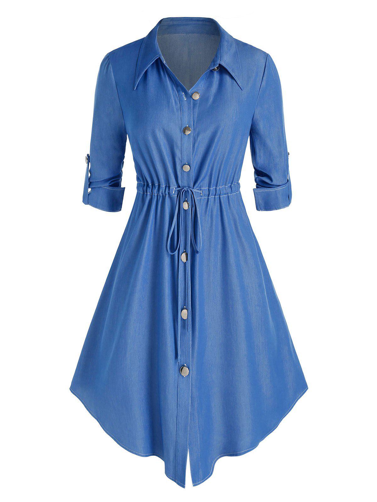 Plus Size Drawstring Waist Roll Up Sleeve Shirt Midi Dress