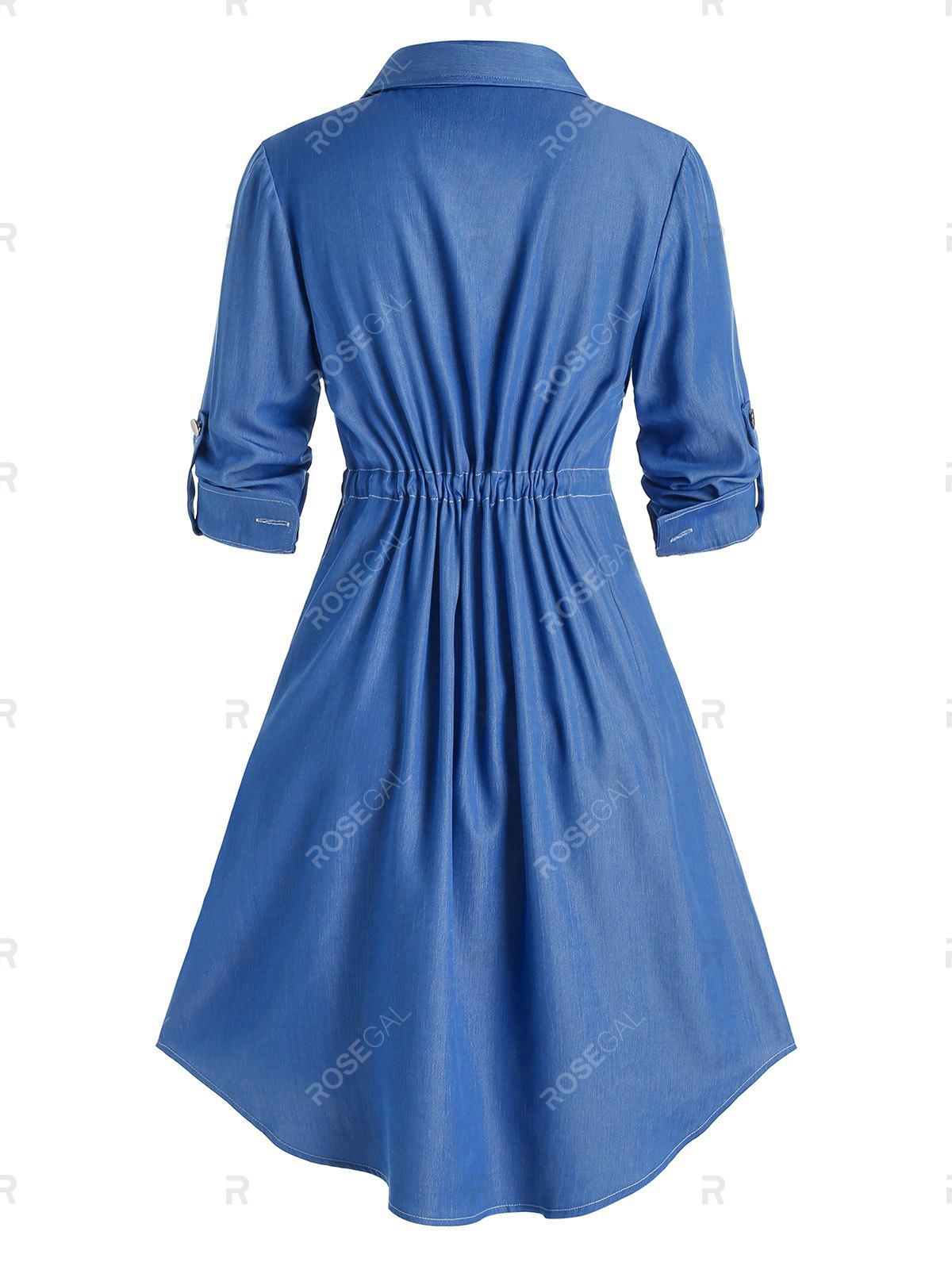 Plus Size Drawstring Waist Roll Up Sleeve Shirt Midi Dress