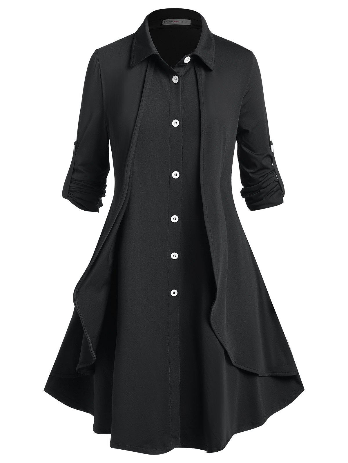 Plus Size Three Quarters Button Roll Up Sleeve Shirt Dress