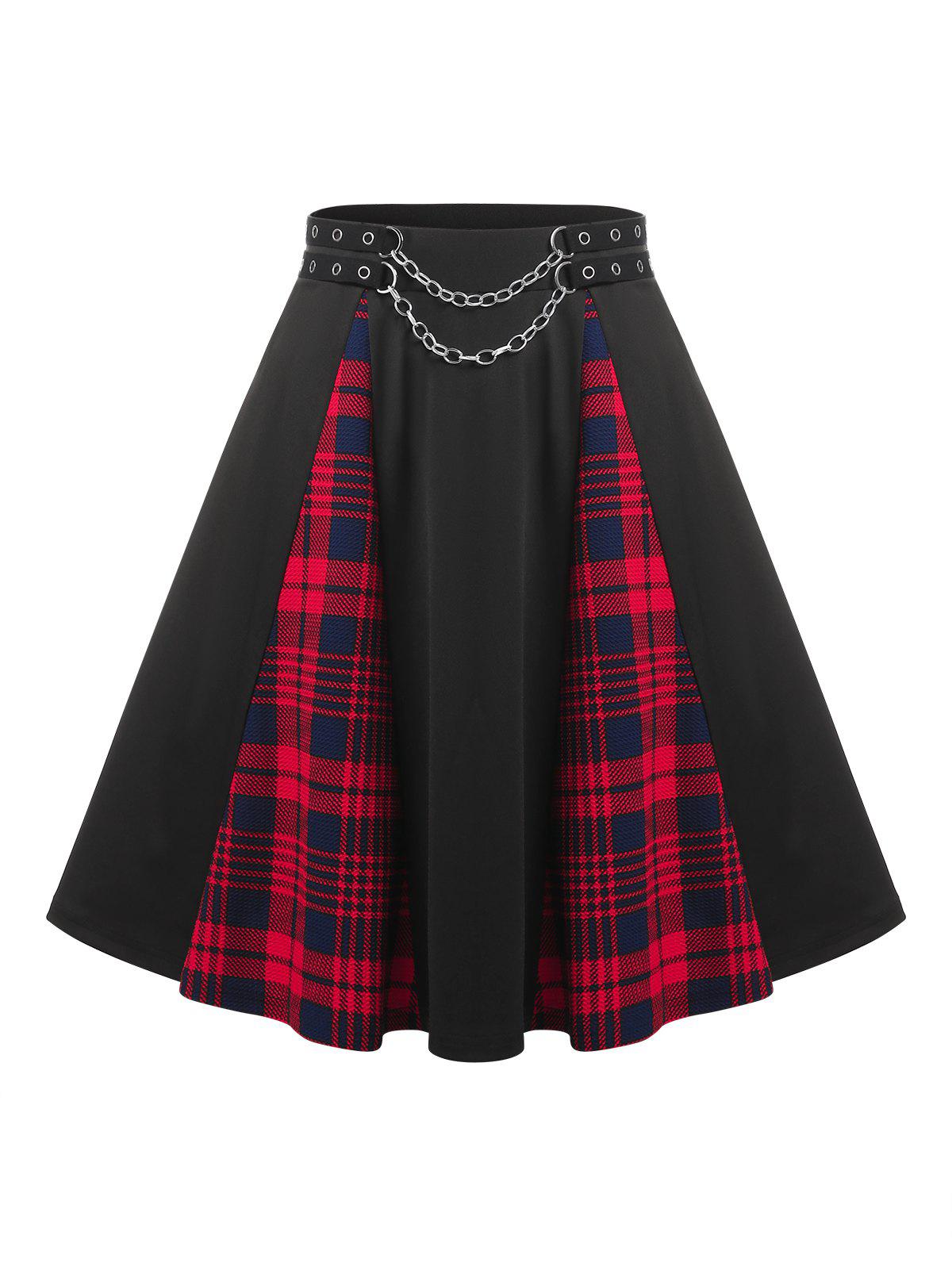 Plus Size Chain Godet Plaid Grommet High Rise Skirt