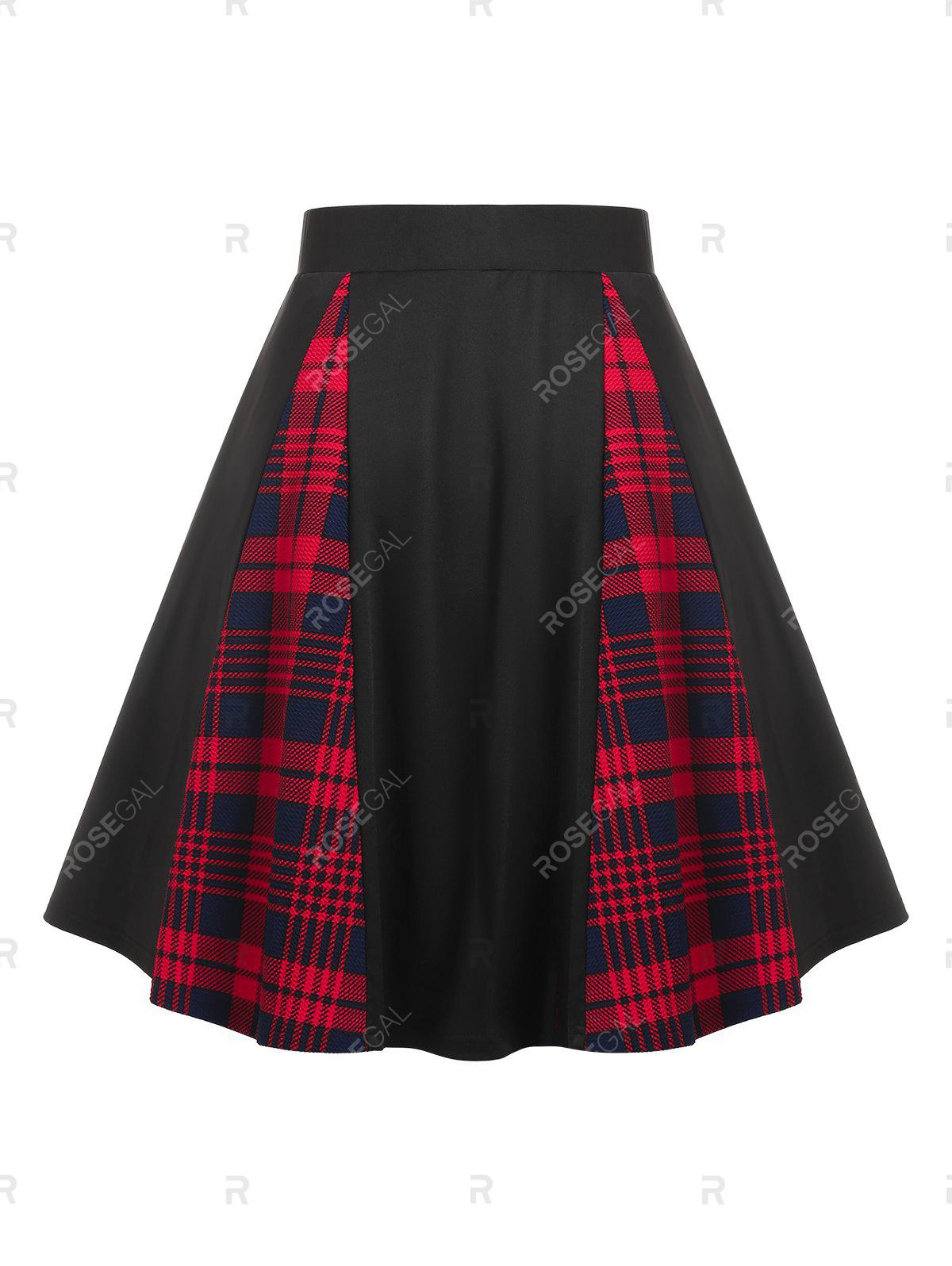 Plus Size Chain Godet Plaid Grommet High Rise Skirt