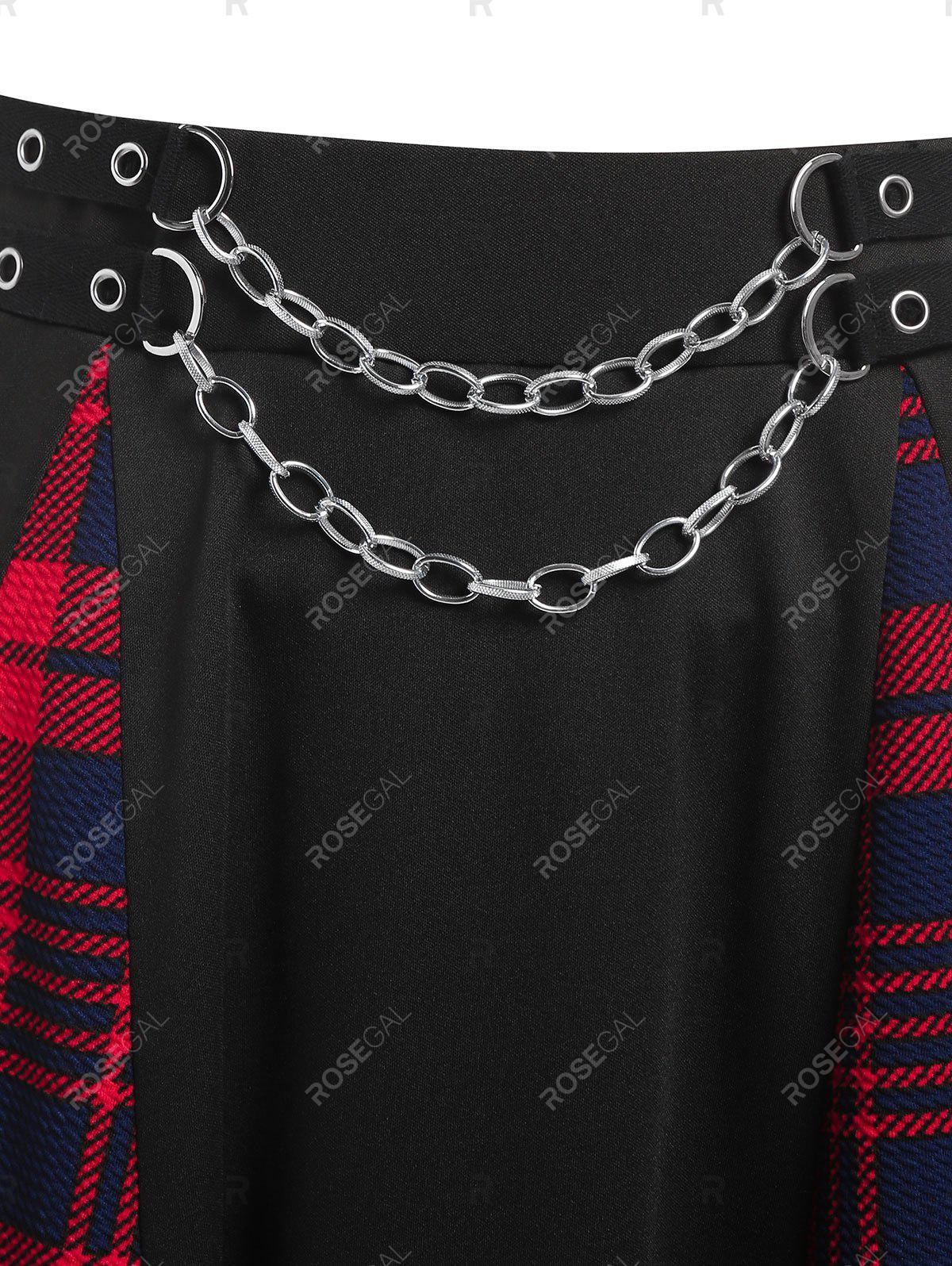 Plus Size Chain Godet Plaid Grommet High Rise Skirt