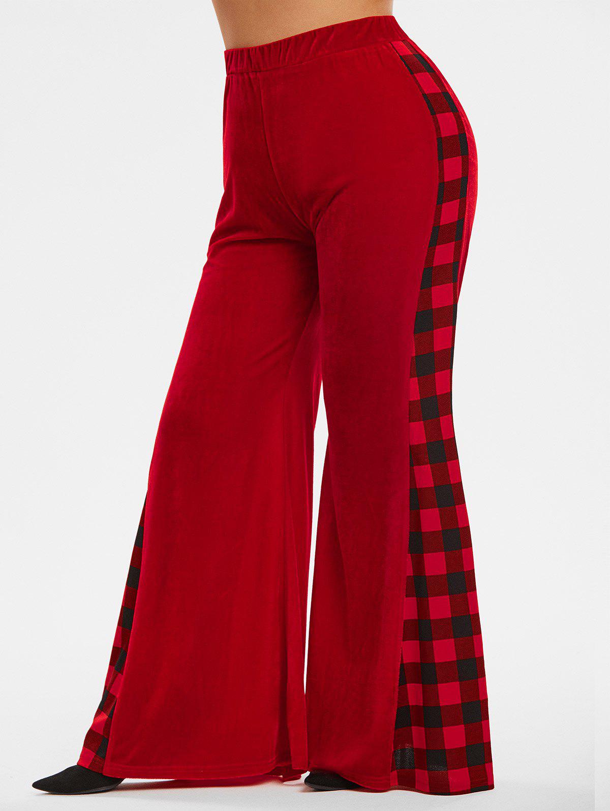 Plus Size Patchwork Plaid Velvet Wide Leg Flare Pants