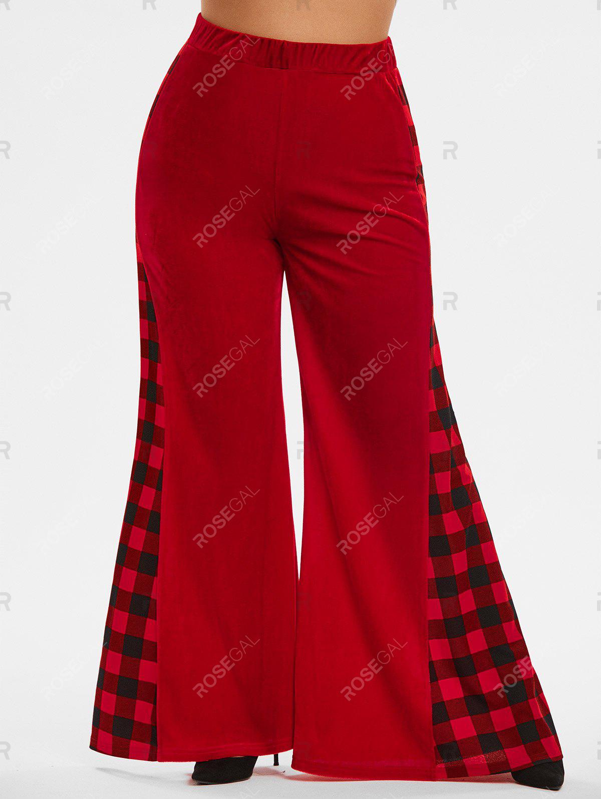 Plus Size Patchwork Plaid Velvet Wide Leg Flare Pants