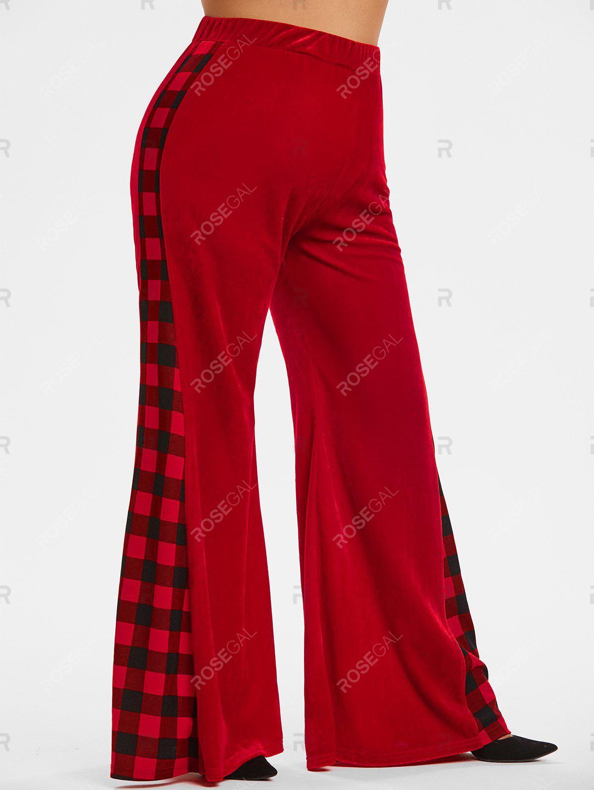 Plus Size Patchwork Plaid Velvet Wide Leg Flare Pants