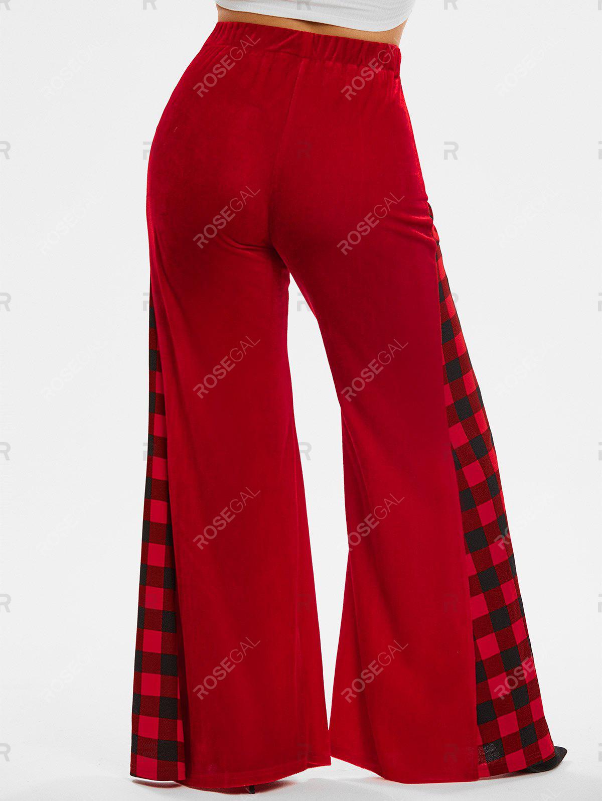 Plus Size Patchwork Plaid Velvet Wide Leg Flare Pants