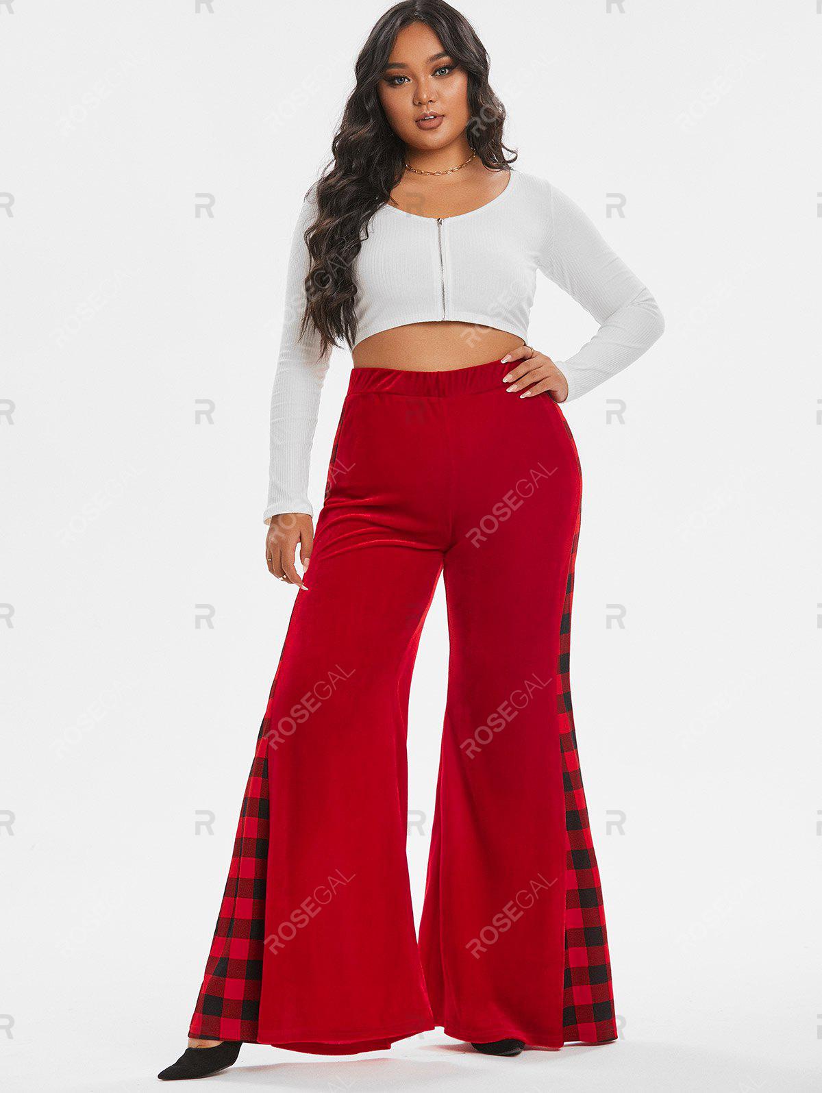 Plus Size Patchwork Plaid Velvet Wide Leg Flare Pants