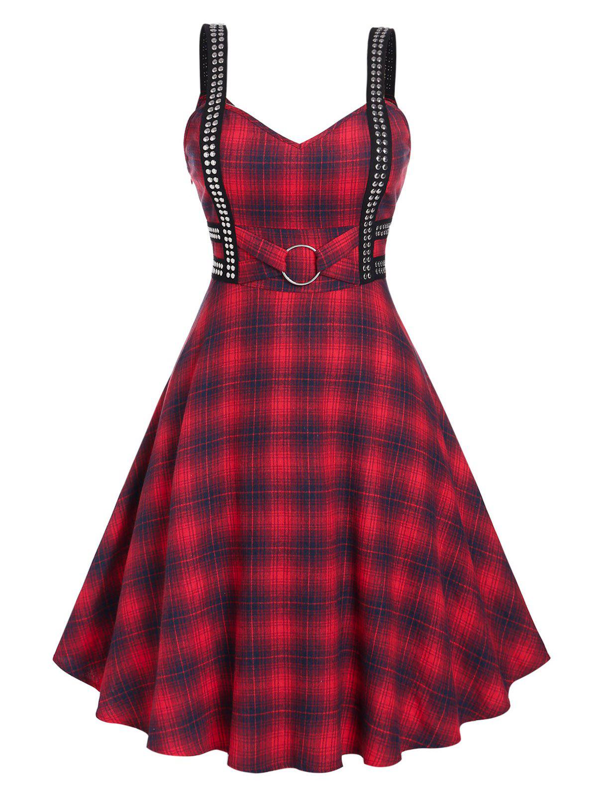 Plus Size Vintage Plaid Studded Fit and Flare Midi 1950s Dress