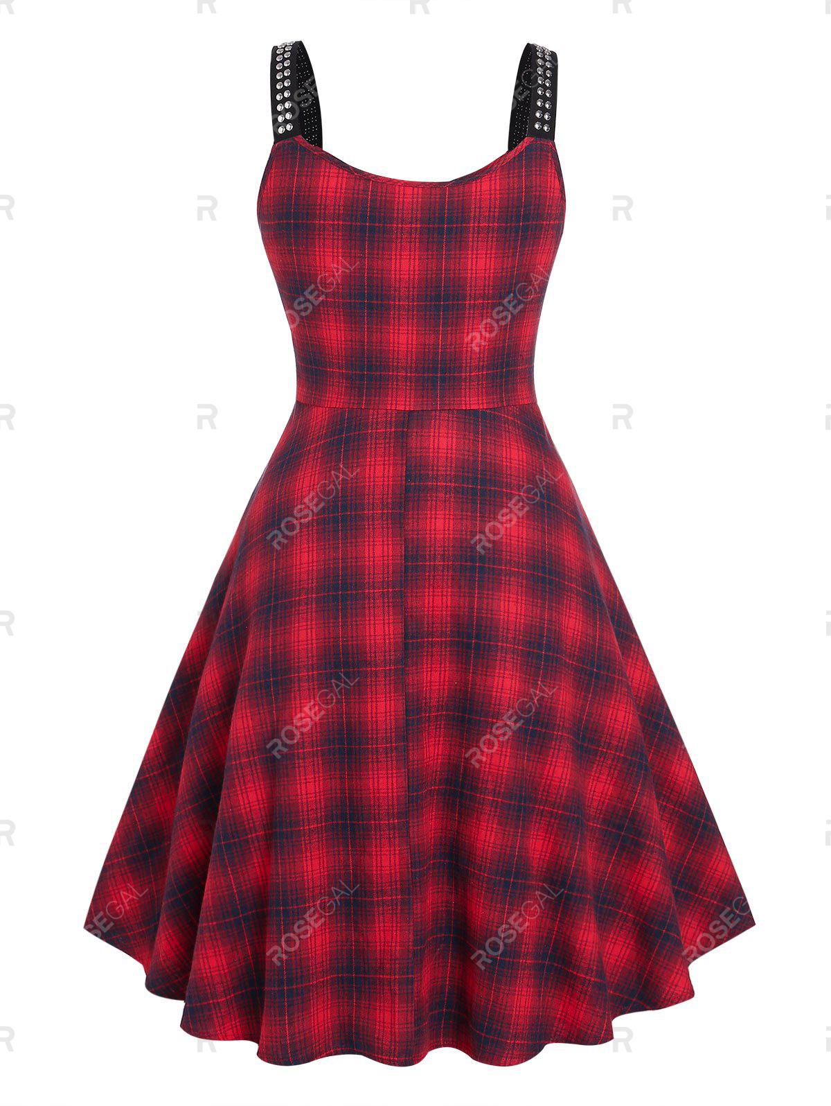 Plus Size Vintage Plaid Studded Fit and Flare Midi 1950s Dress