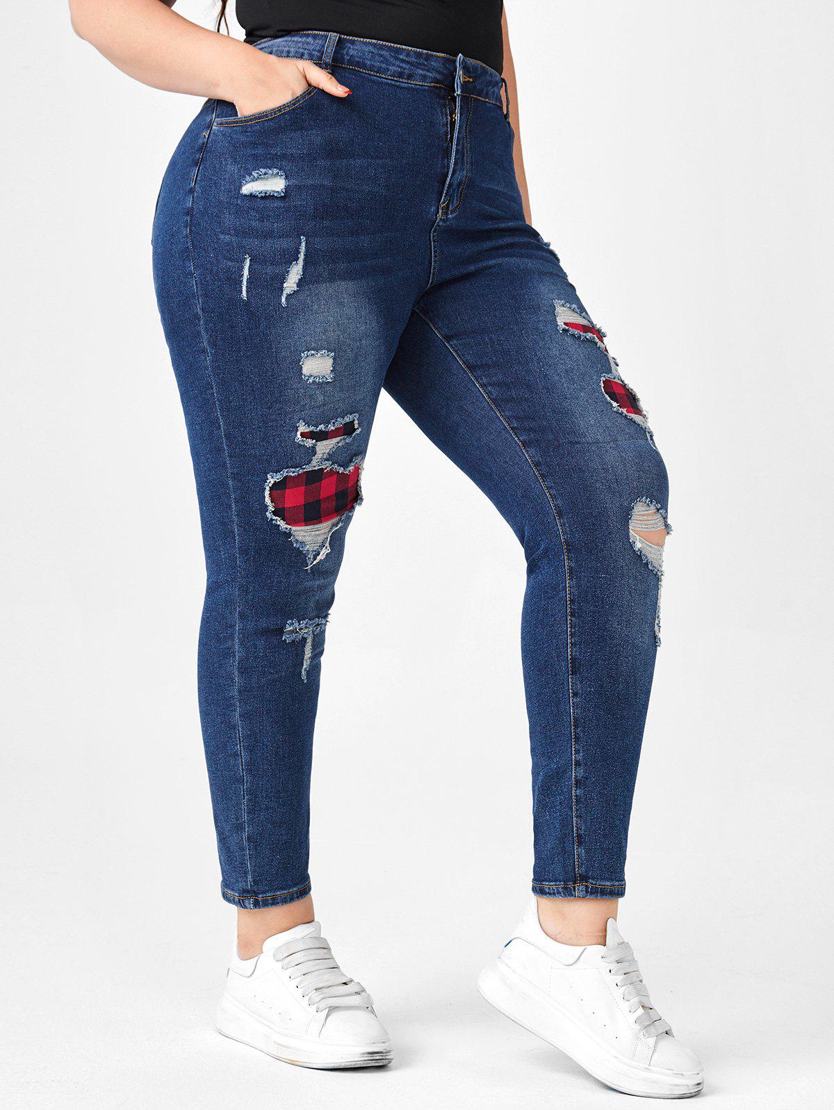 Plus Size High Rise Plaid Ripped Jeans