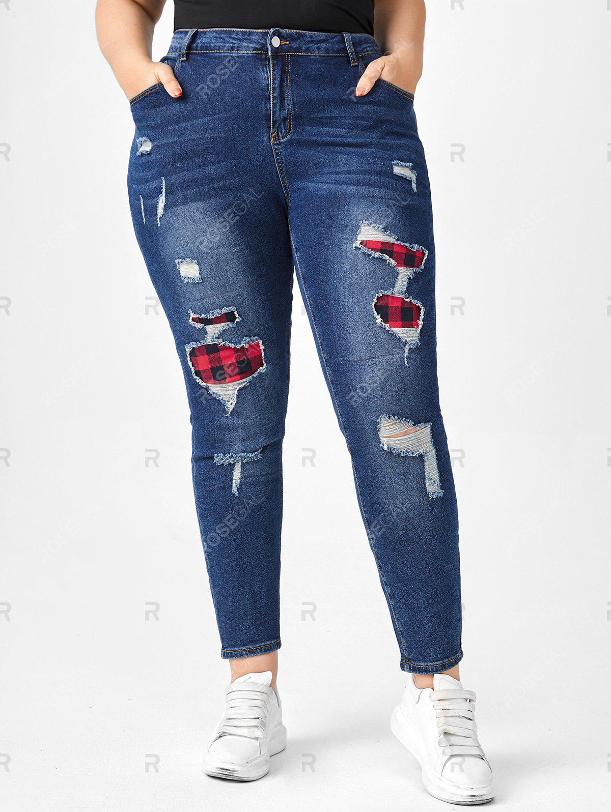 Plus Size High Rise Plaid Ripped Jeans