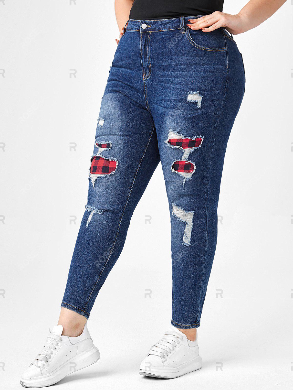 Plus Size High Rise Plaid Ripped Jeans