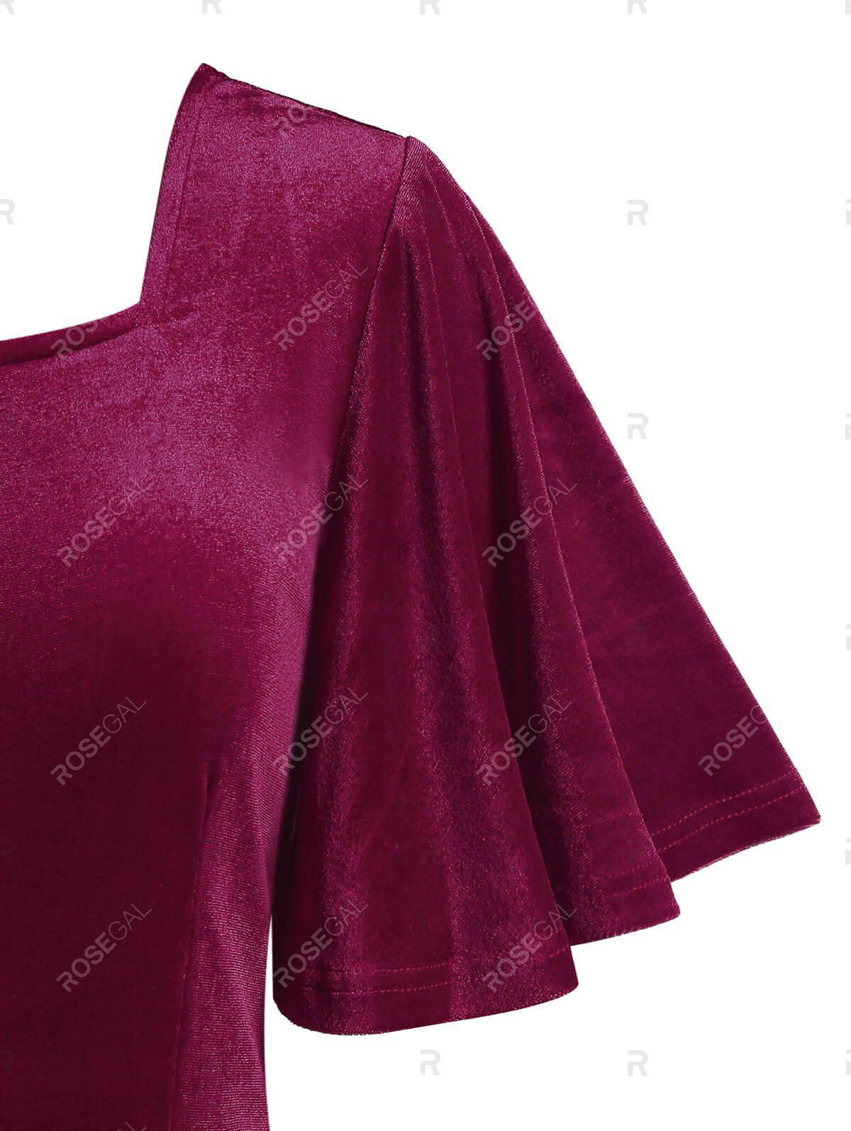 Plus Size Bell Sleeve Velvet Fit and Flare Dress