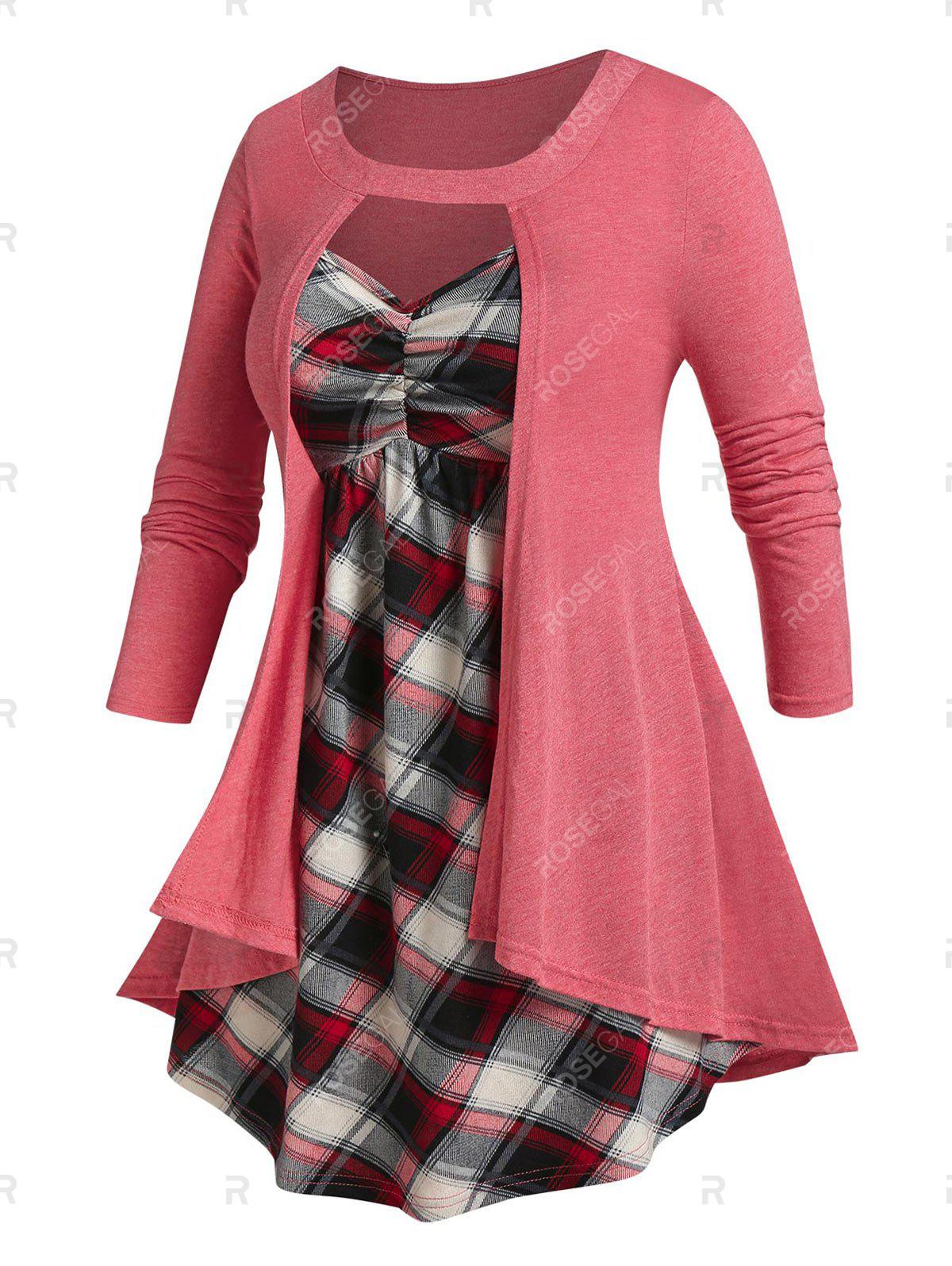 Plus Size Faux Twinset Plaid T-shirt