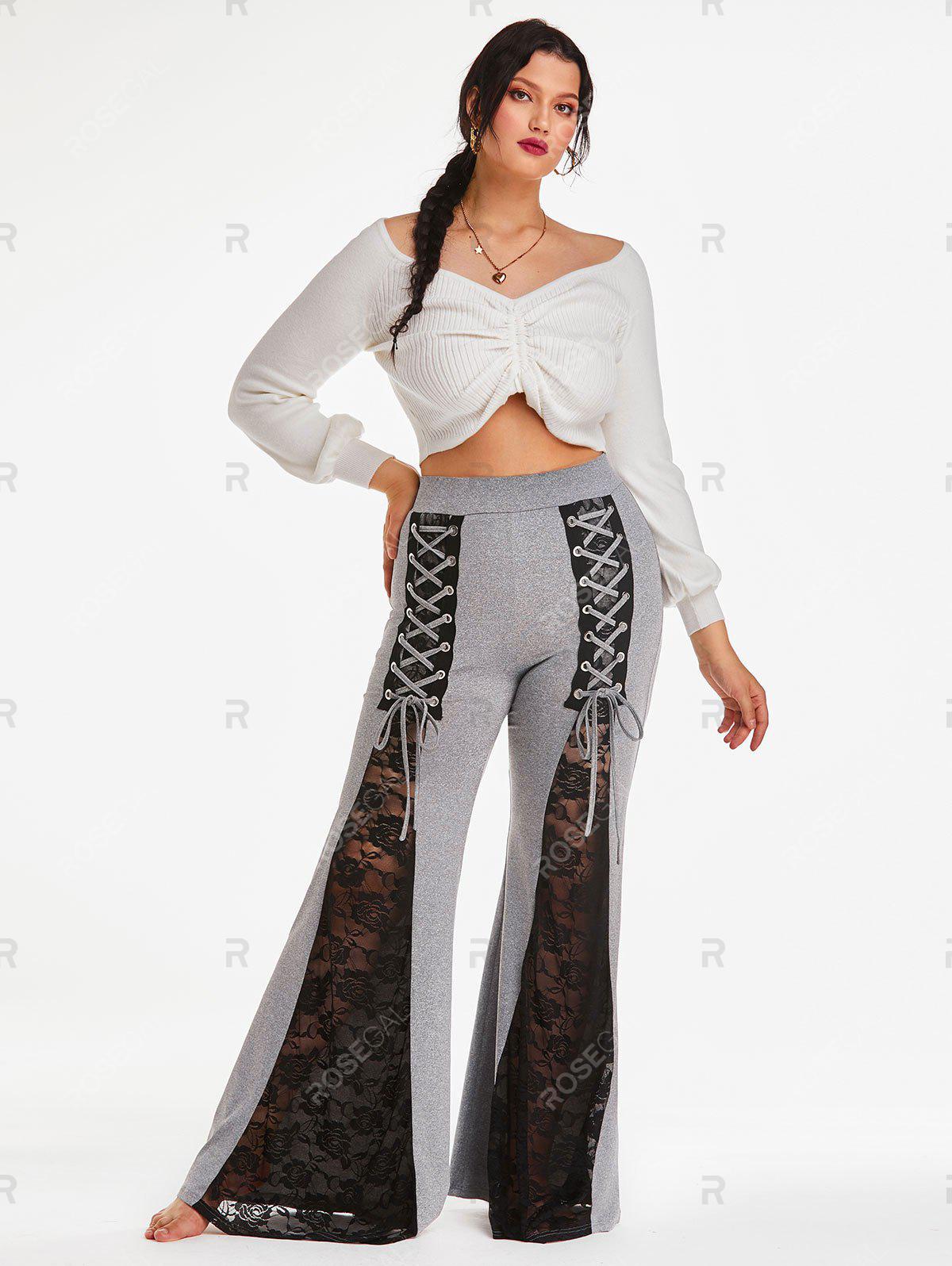 Plus Size Lace-up Lace Panel Bell Bottom Pants