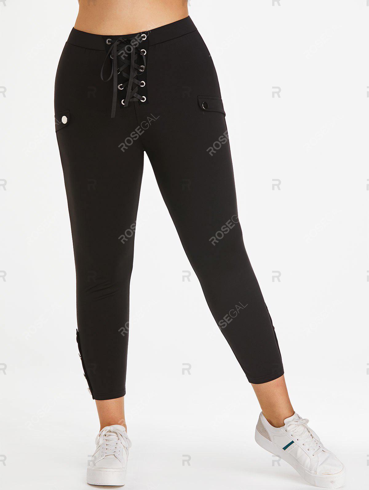 Plus Size Metal Buttons Lace Up Pants