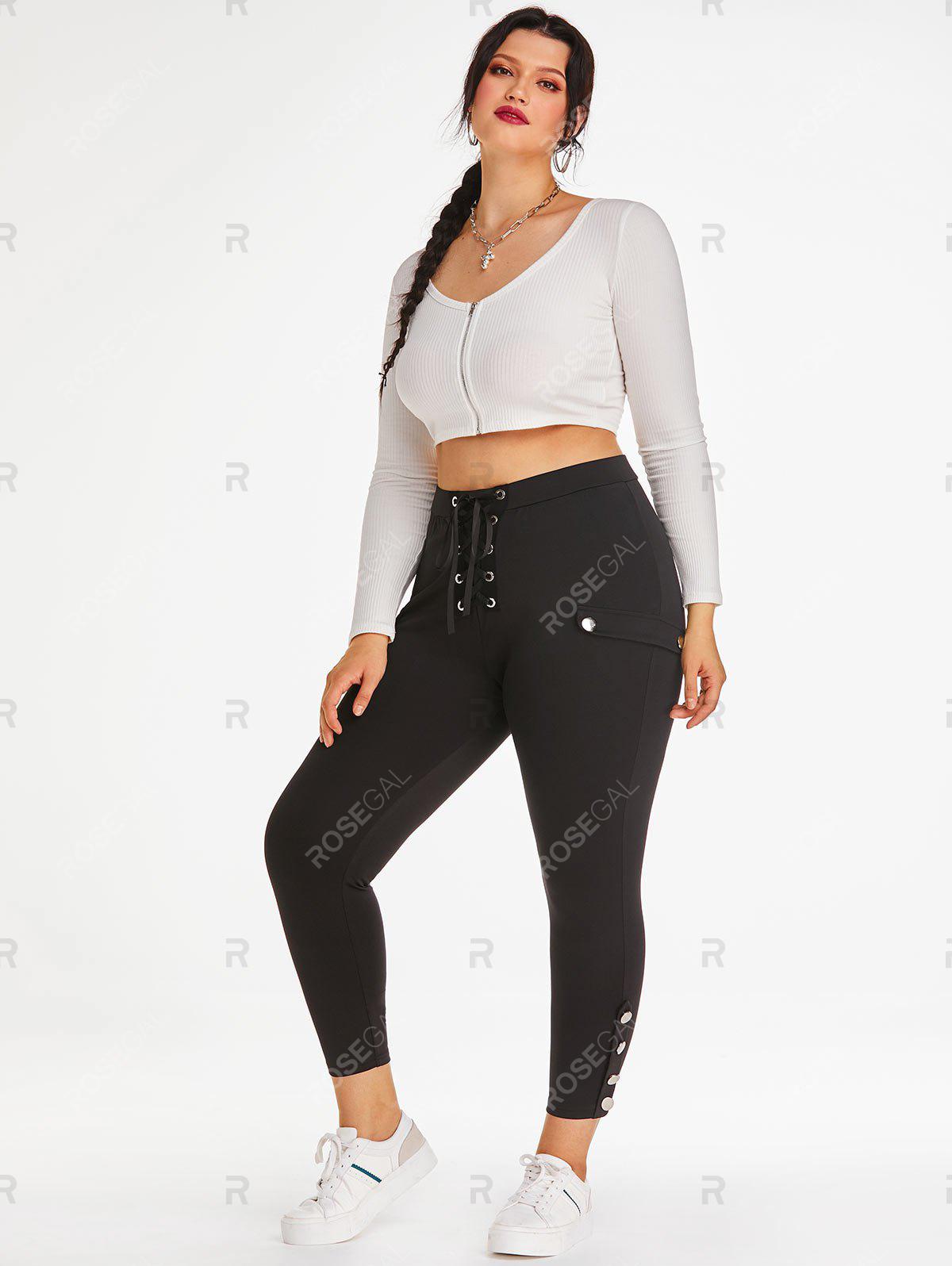 Plus Size Metal Buttons Lace Up Pants