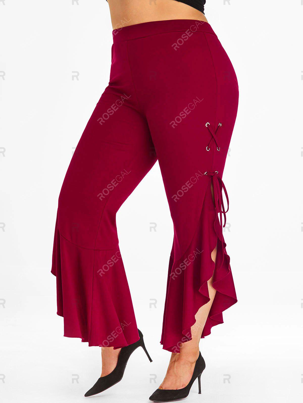 Lace Up Side Ruffles Plus Size Flare Pants