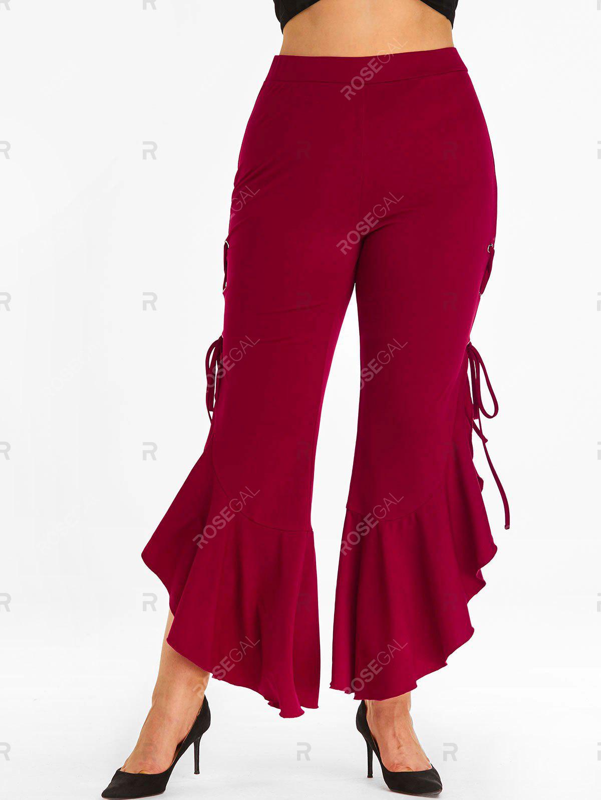 Lace Up Side Ruffles Plus Size Flare Pants