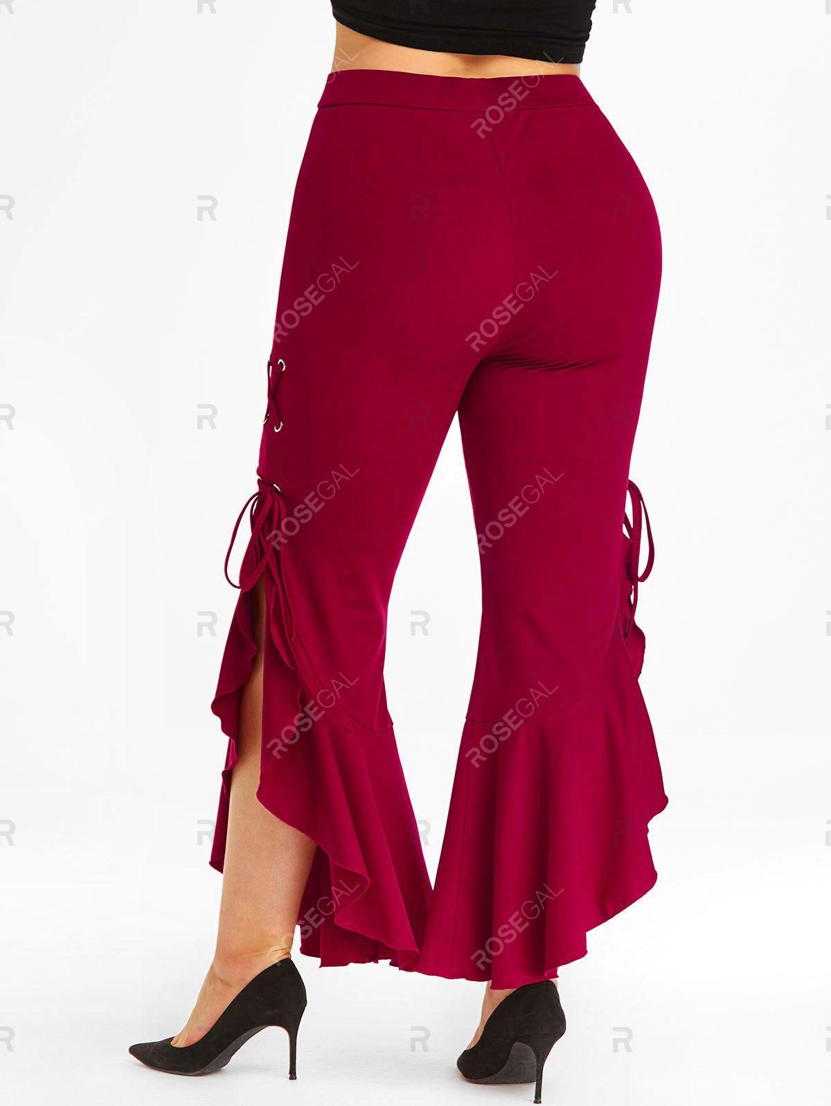 Lace Up Side Ruffles Plus Size Flare Pants