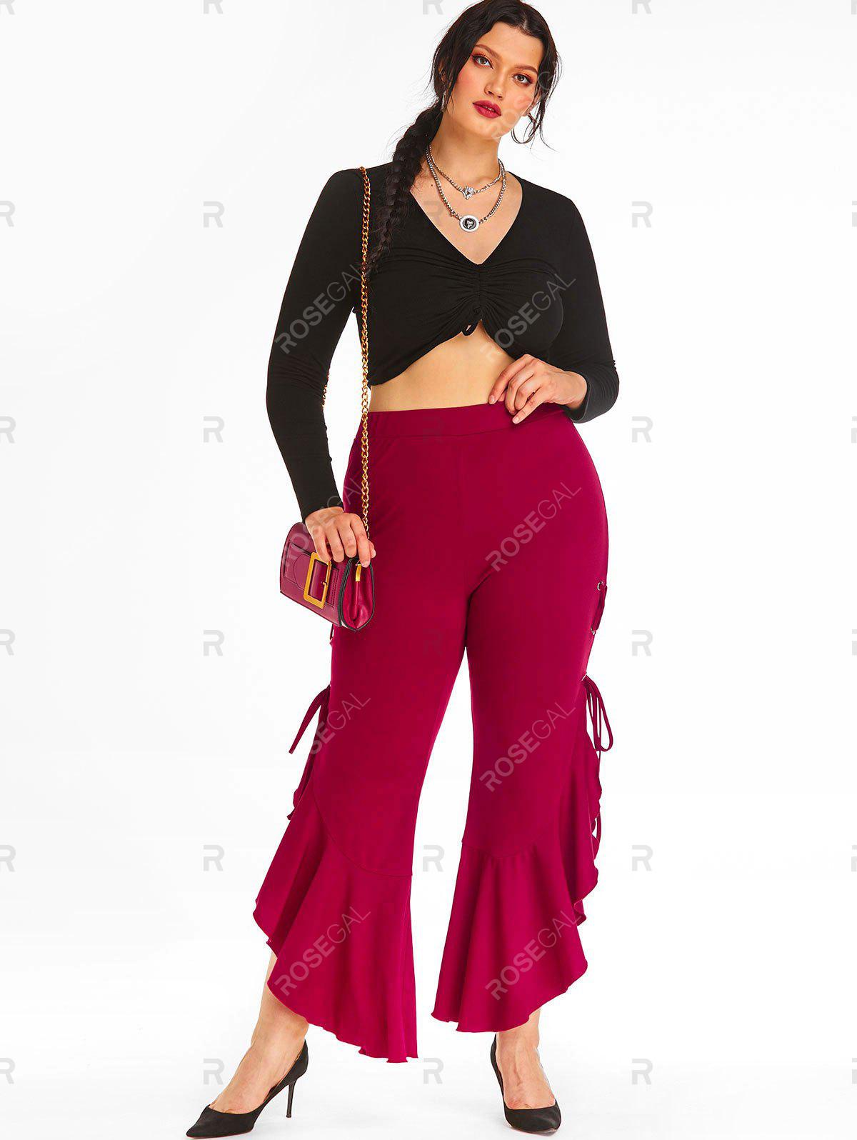 Lace Up Side Ruffles Plus Size Flare Pants