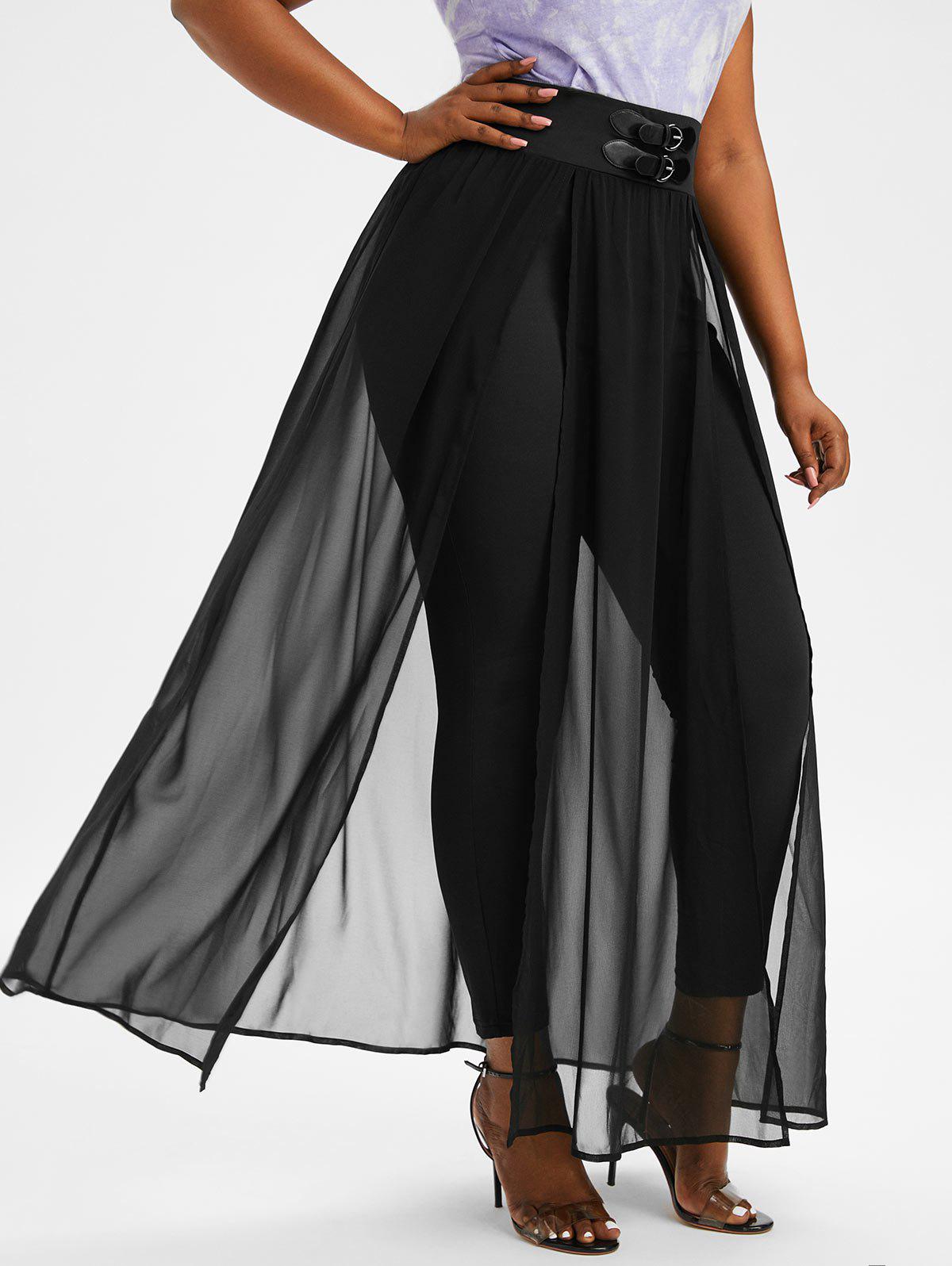 Plus Size Buckle Embellished Skinny Pants with Split Chiffon Overlay